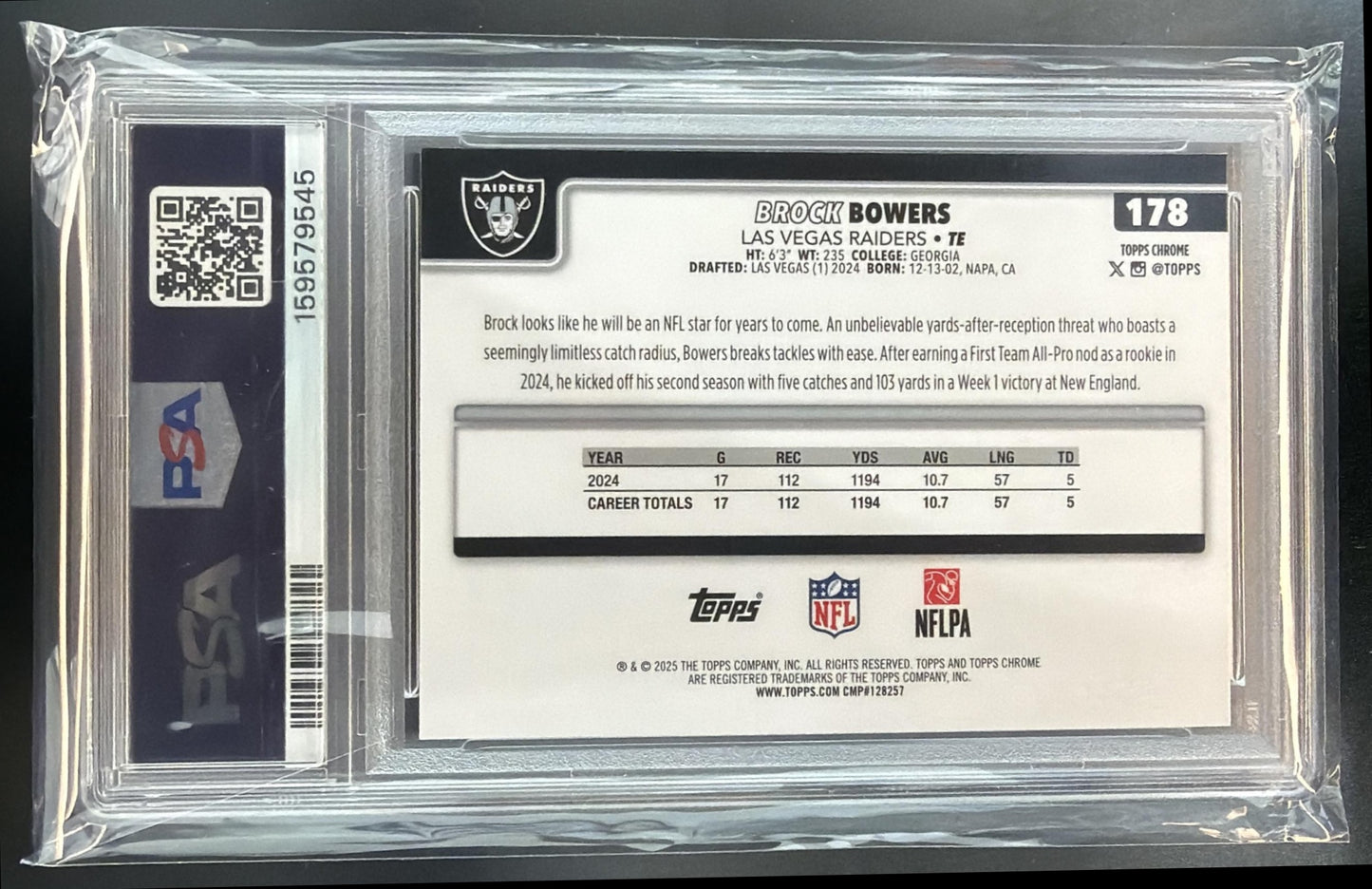2025 Topps Chrome Brock Bowers #178 RayWave Refractor Raiders PSA 8 — back
