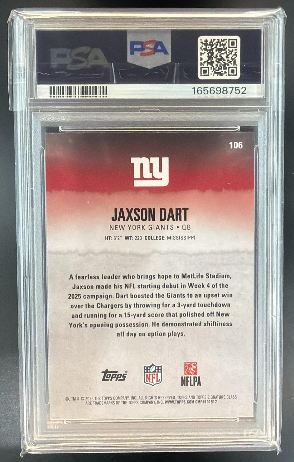 2025 Topps Signature Class Jaxson Dart #106 Rookie RC Giants PSA 9 — back