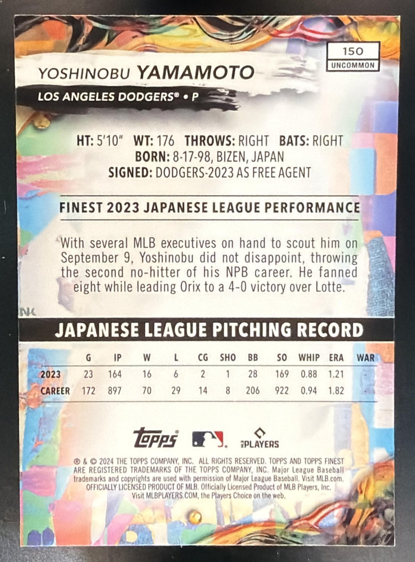 2024 Topps Finest Yoshinobu Yamamoto #150 Checkerboard Refractor Uncommon RC — back