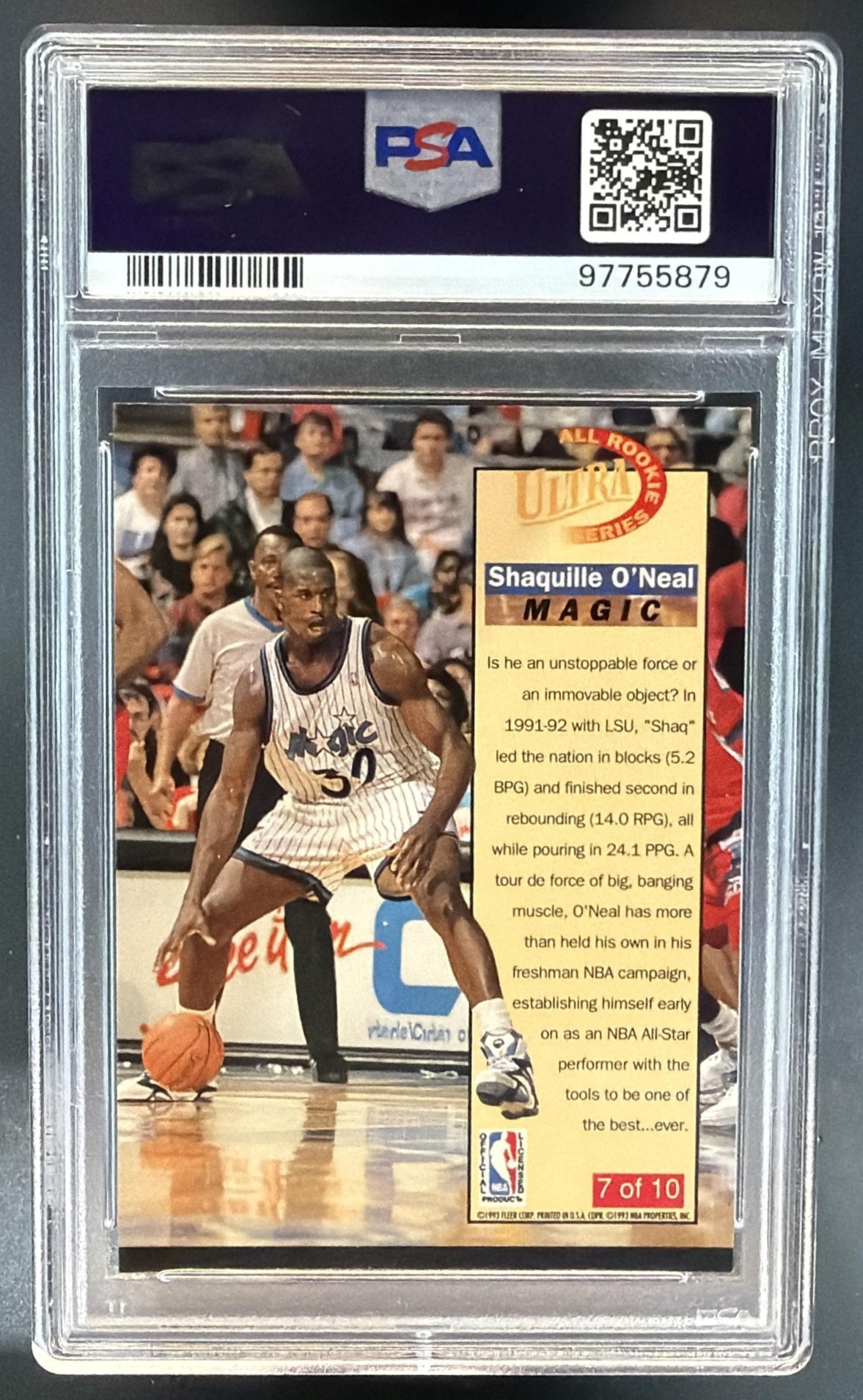 1992-93 Fleer Ultra Shaquille O'Neal #7 All Rookie Series RC Magic PSA 8 — back