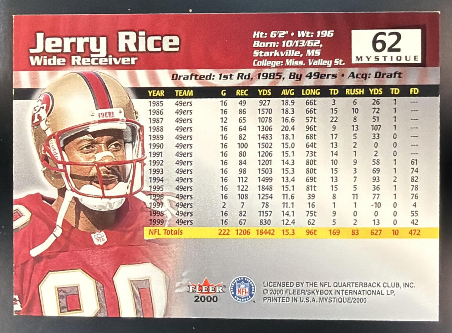 2000 Fleer Mystique Jerry Rice #62 Gold 49ers — back