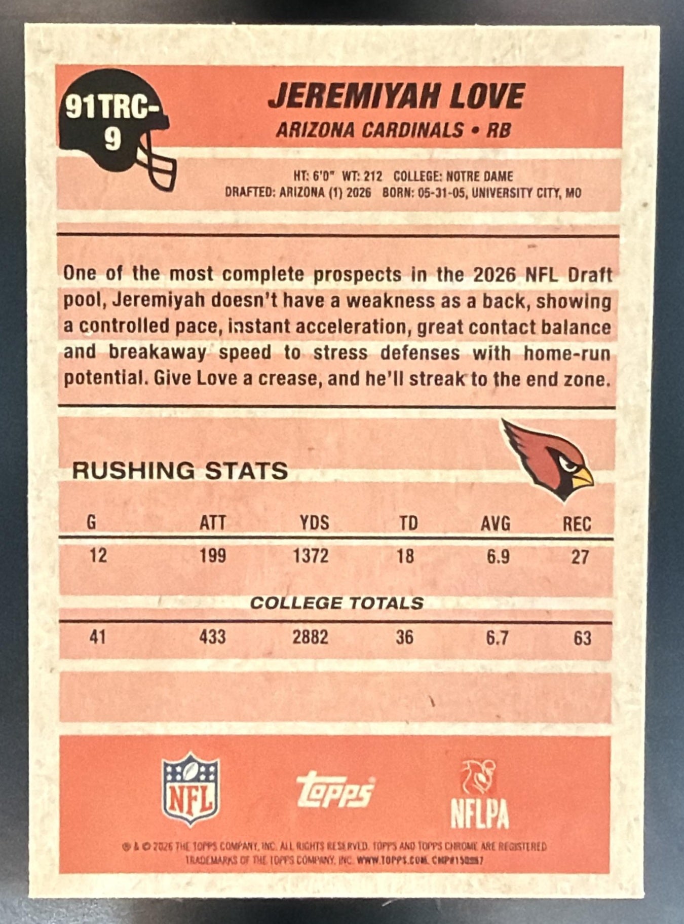 2026 Topps Jeremiyah Love #91TRC-9 1991 Chrome Rookie Mojo Refractor RC — back
