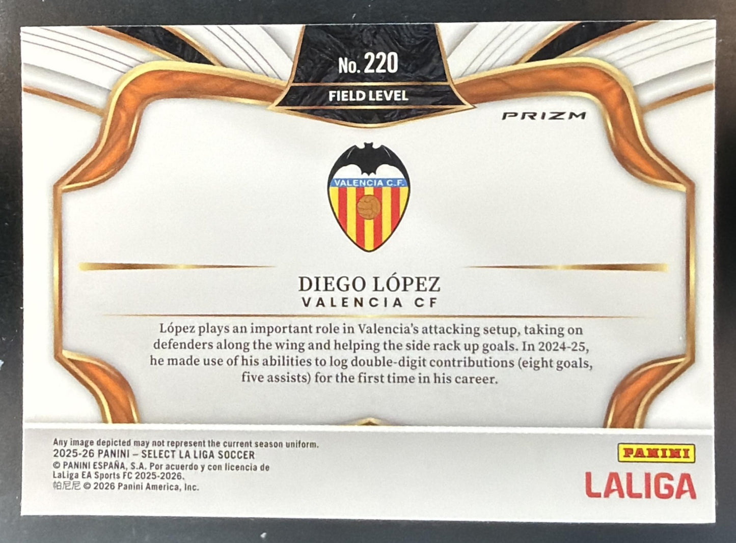 2025 Panini Select La Liga Diego Lopez #220 Field Level Honeycomb Prizm — back
