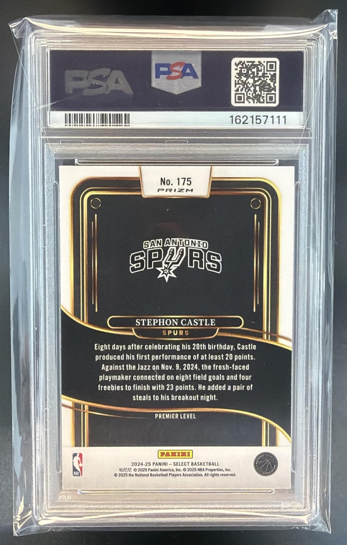 2024-25 Panini Select Stephon Castle #175 Premier Red Wave Prizm RC Spurs PSA 9 — back