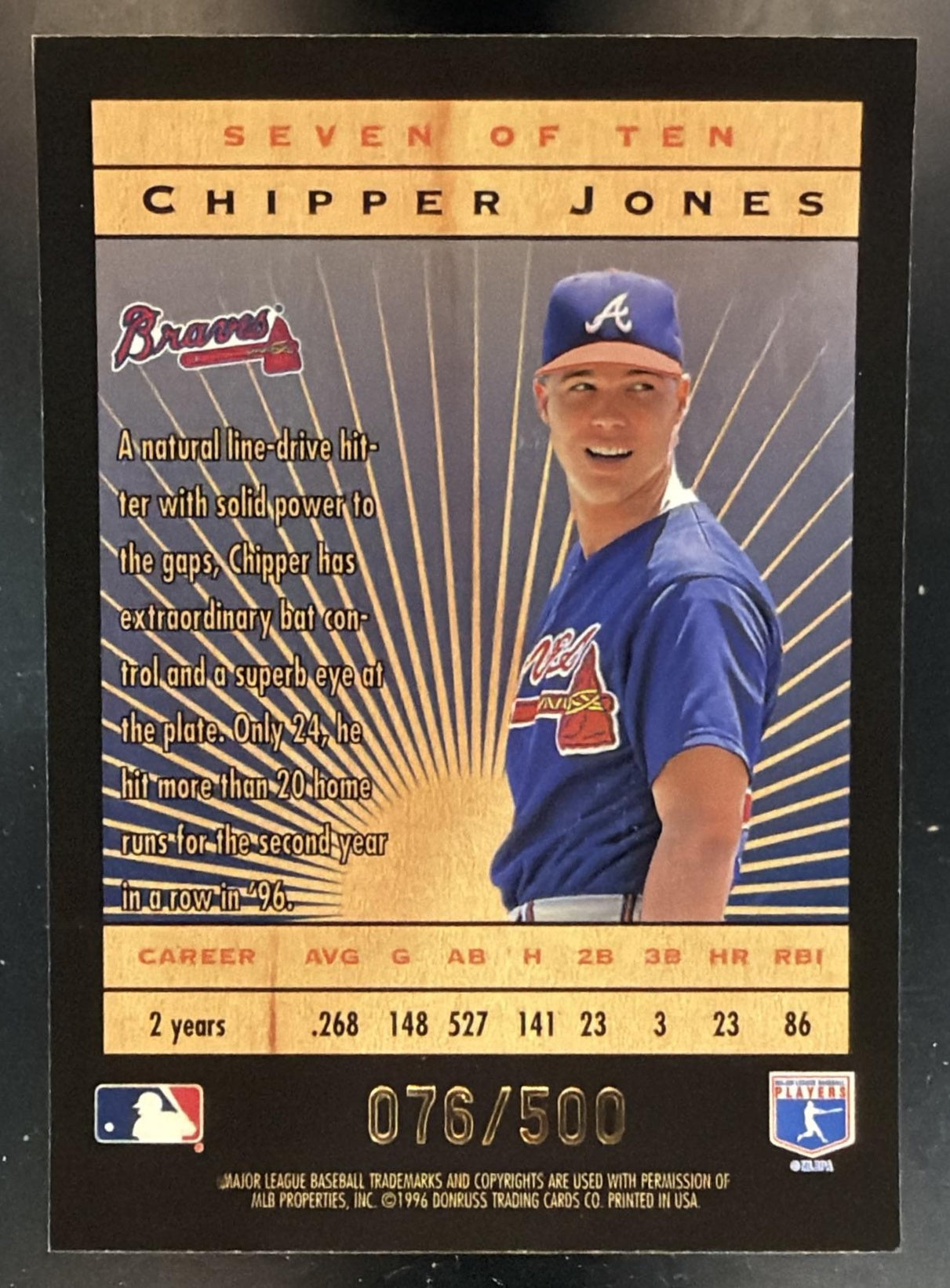 1996 Leaf Limited Chipper Jones #7 Lumberjacks Black 76/500 Braves — back