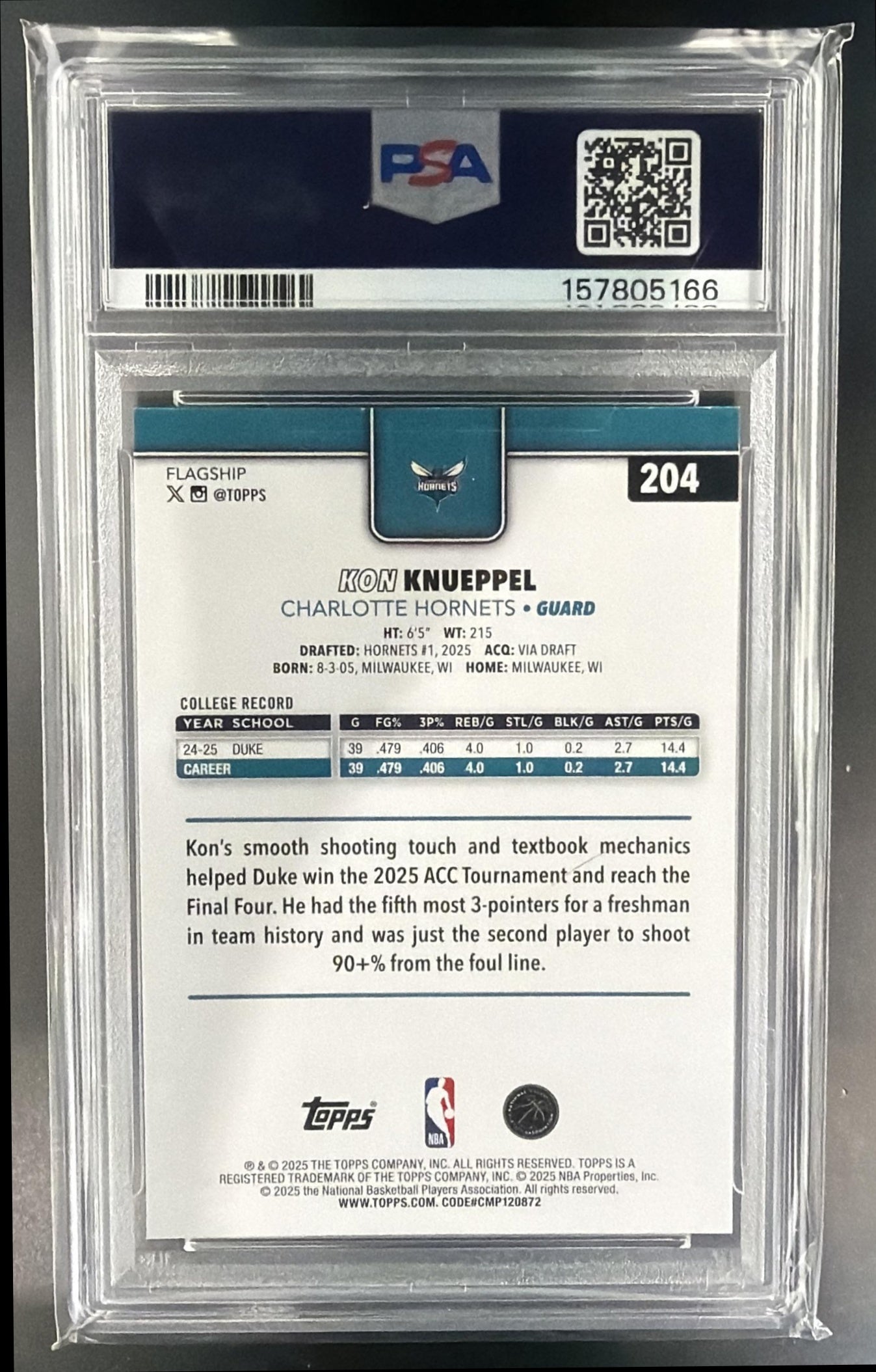2025-26 Topps Kon Knueppel #204 RC Hornets PSA 9 — back