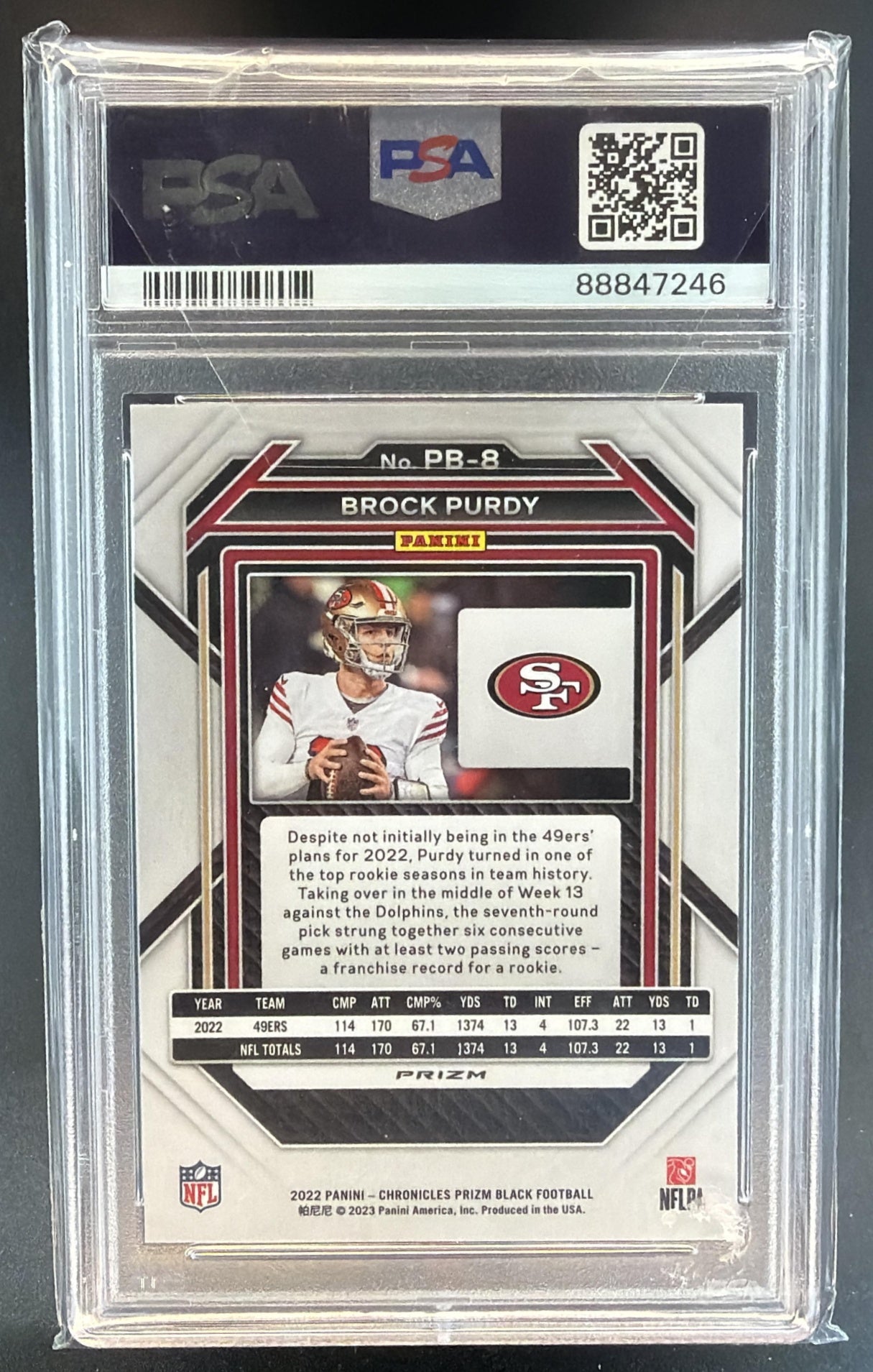 2022 Panini Chronicles Brock Purdy #PB-8 Prizm Black Silver RC 49ers PSA 9 — back