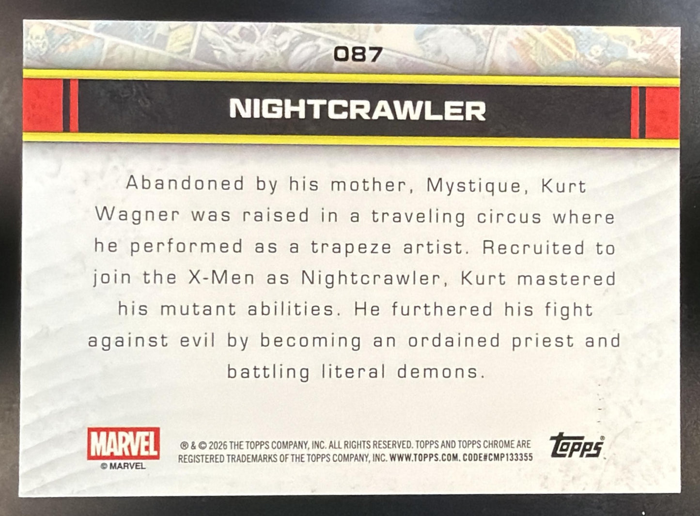 2026 Topps Chrome Marvel Comics Nightcrawler #087 Yellow Refractor 4/275 — back