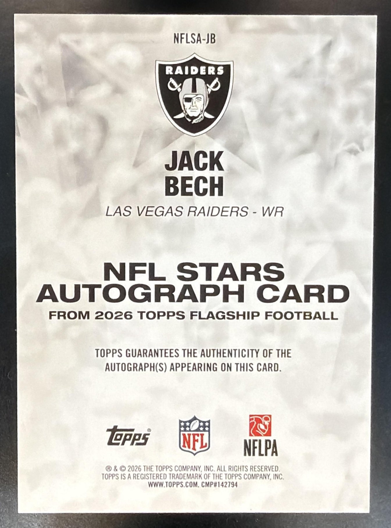 2026 Topps Jack Bech #NFLSA-JB NFL Stars Auto Gold Foil 32/50 SSP Raiders — back