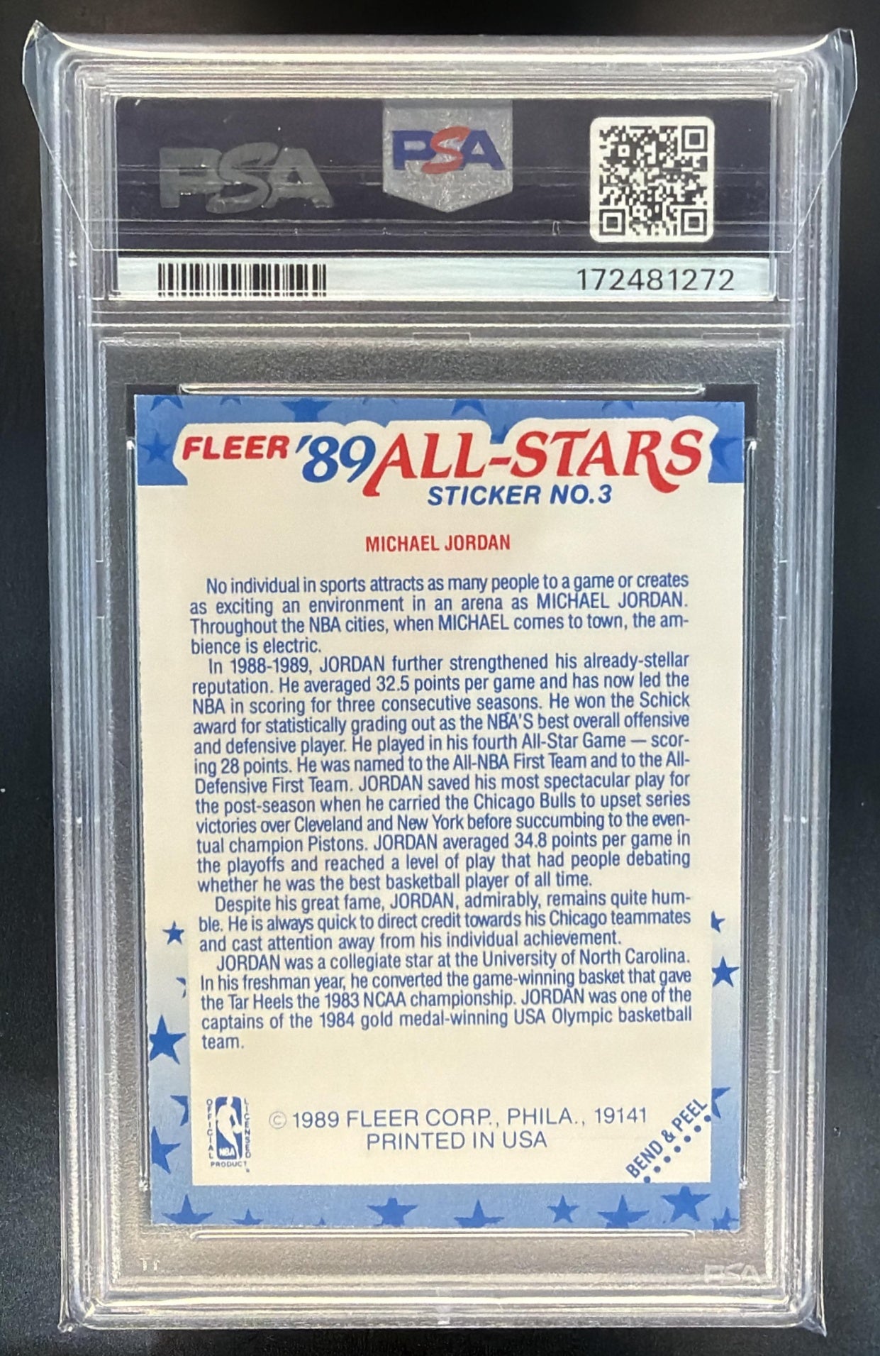 1989-90 Fleer Michael Jordan #3 Stickers Bulls PSA 7 — back