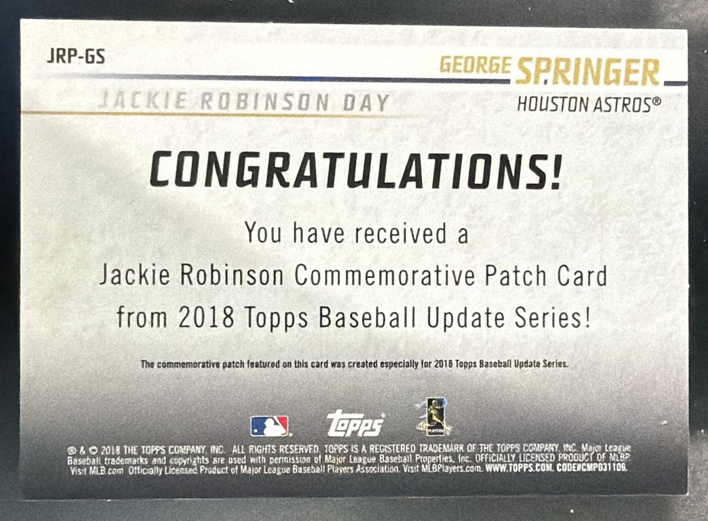 2018 Topps Update George Springer Jackie Robinson Day Manufactured Patch Red /25 — back