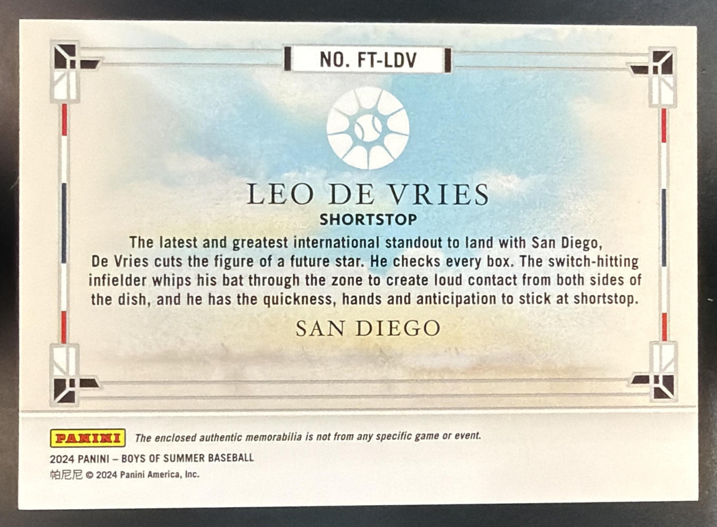 2024 Panini Boys of Summer Leo De Vries Five Tool Player Materials /149 MEM — back