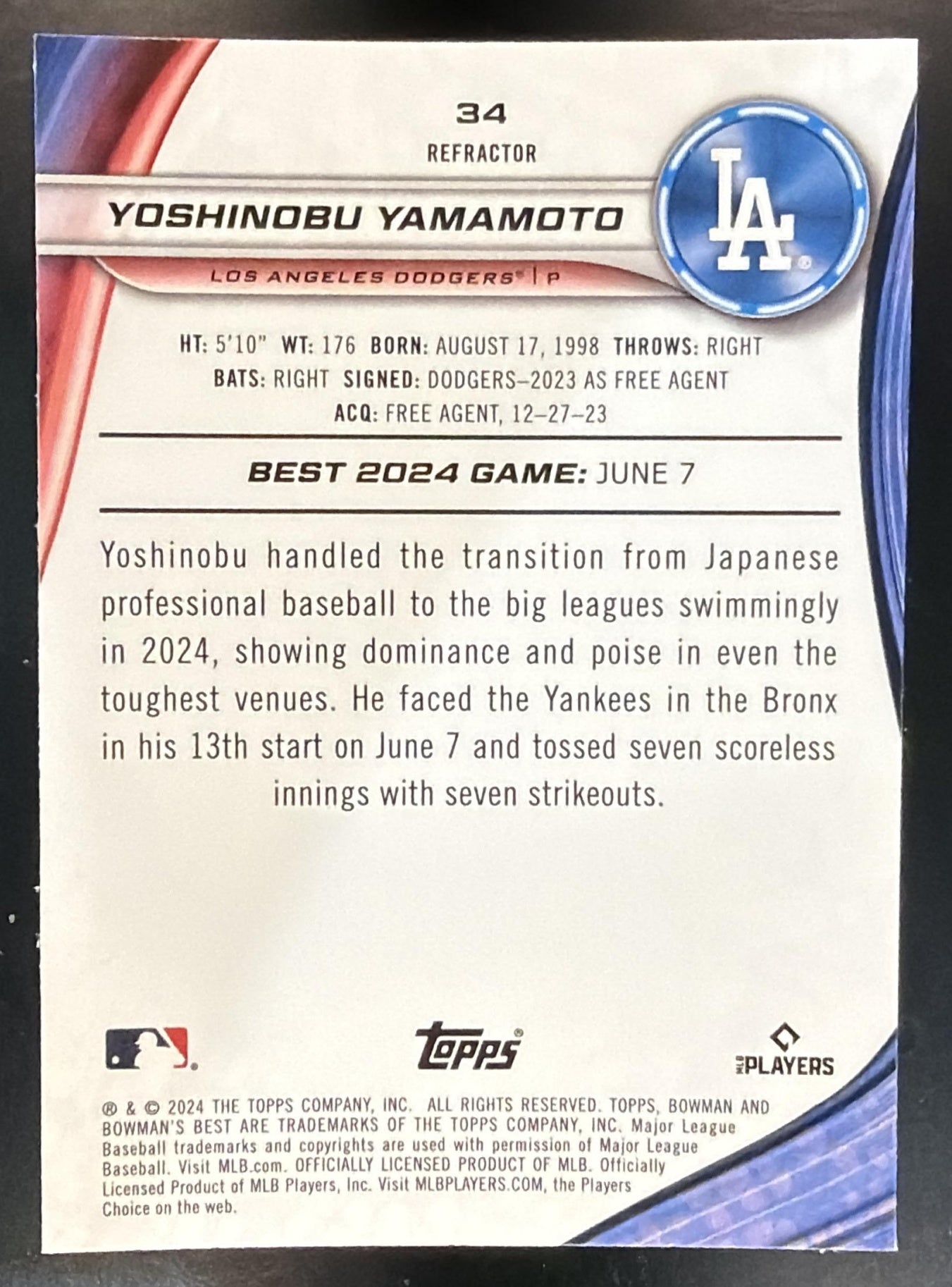 2024 Bowman's Best Yoshinobu Yamamoto #34 Refractor RC Dodgers — back