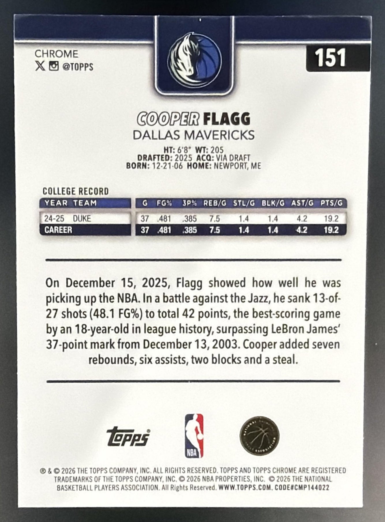 2025-26 Topps Chrome Update Cooper Flagg #151 RC Mavericks — back