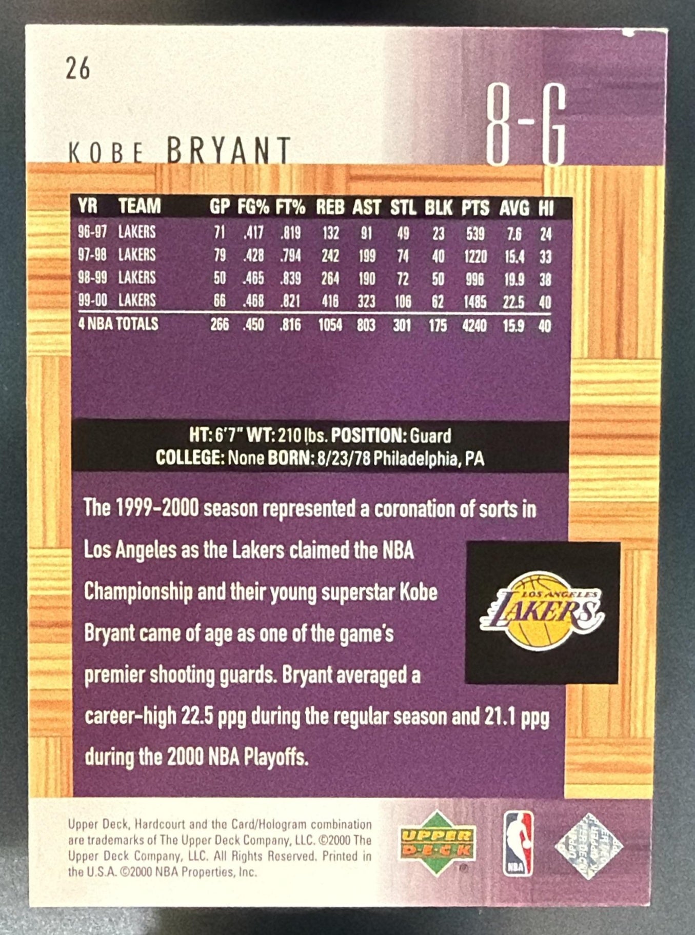 2000-01 Upper Deck Hardcourt Kobe Bryant #26 Lakers — back