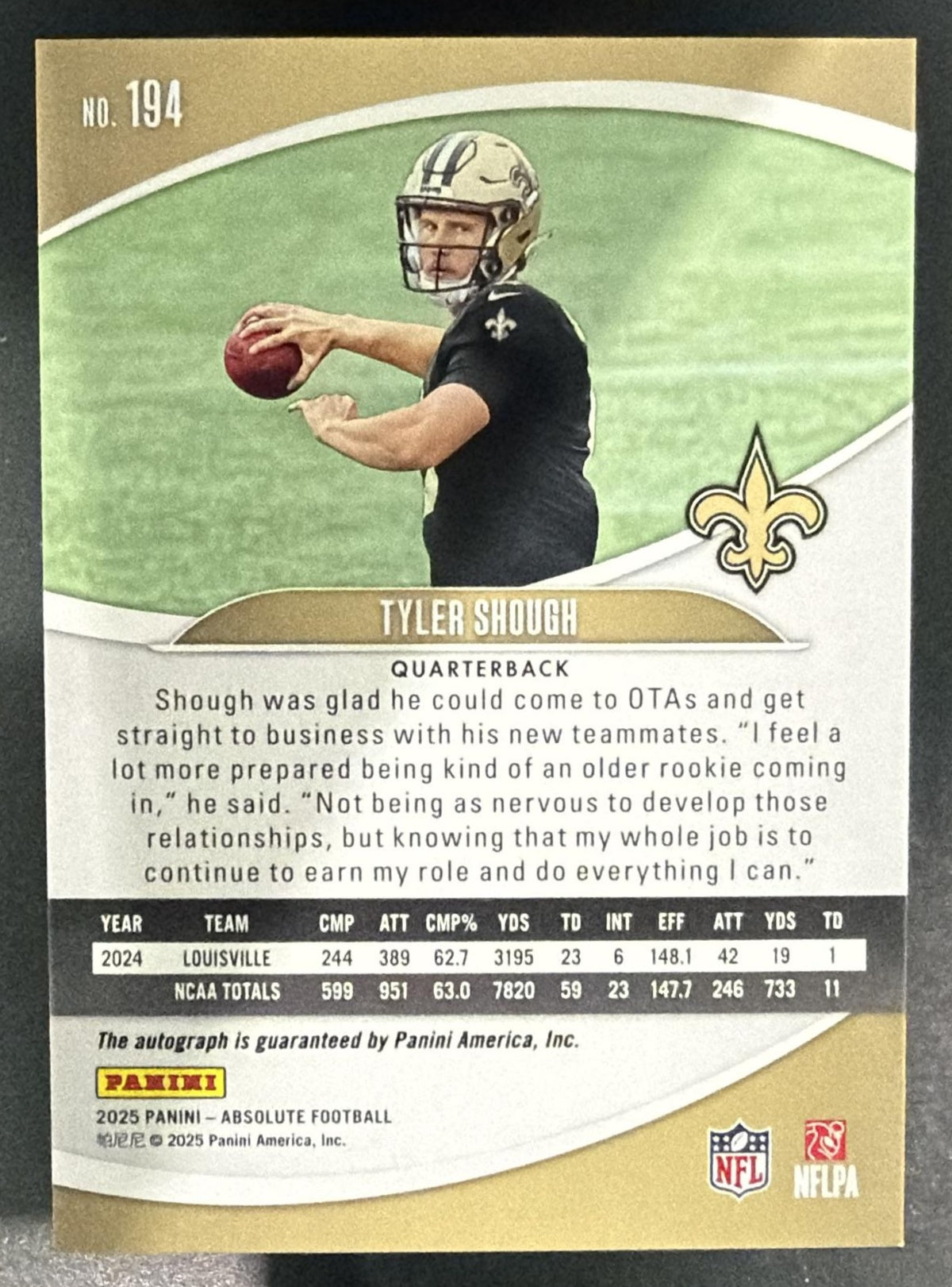 2025 Panini Absolute Tyler Shough #194 Signature Rookies RC Auto Saints — back