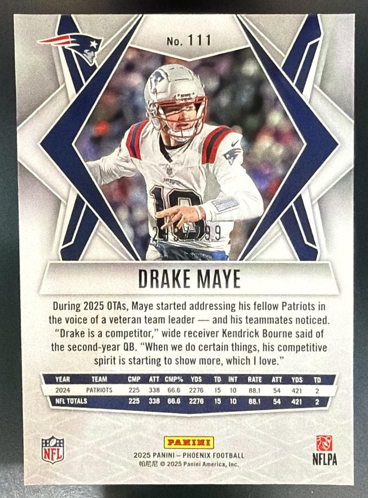 2025 Panini Phoenix Drake Maye #111 Pink Winter Prizm 299/299 Patriots — back