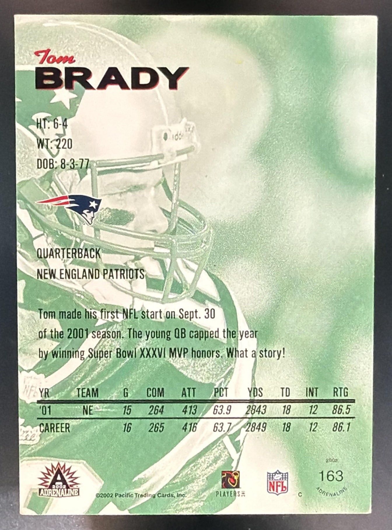 2002 Pacific Adrenaline Tom Brady #163 Patriots — back