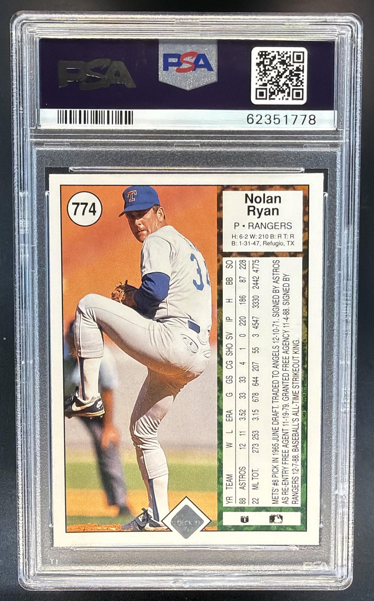 1989 Upper Deck Nolan Ryan #774 Rangers PSA 9 — back