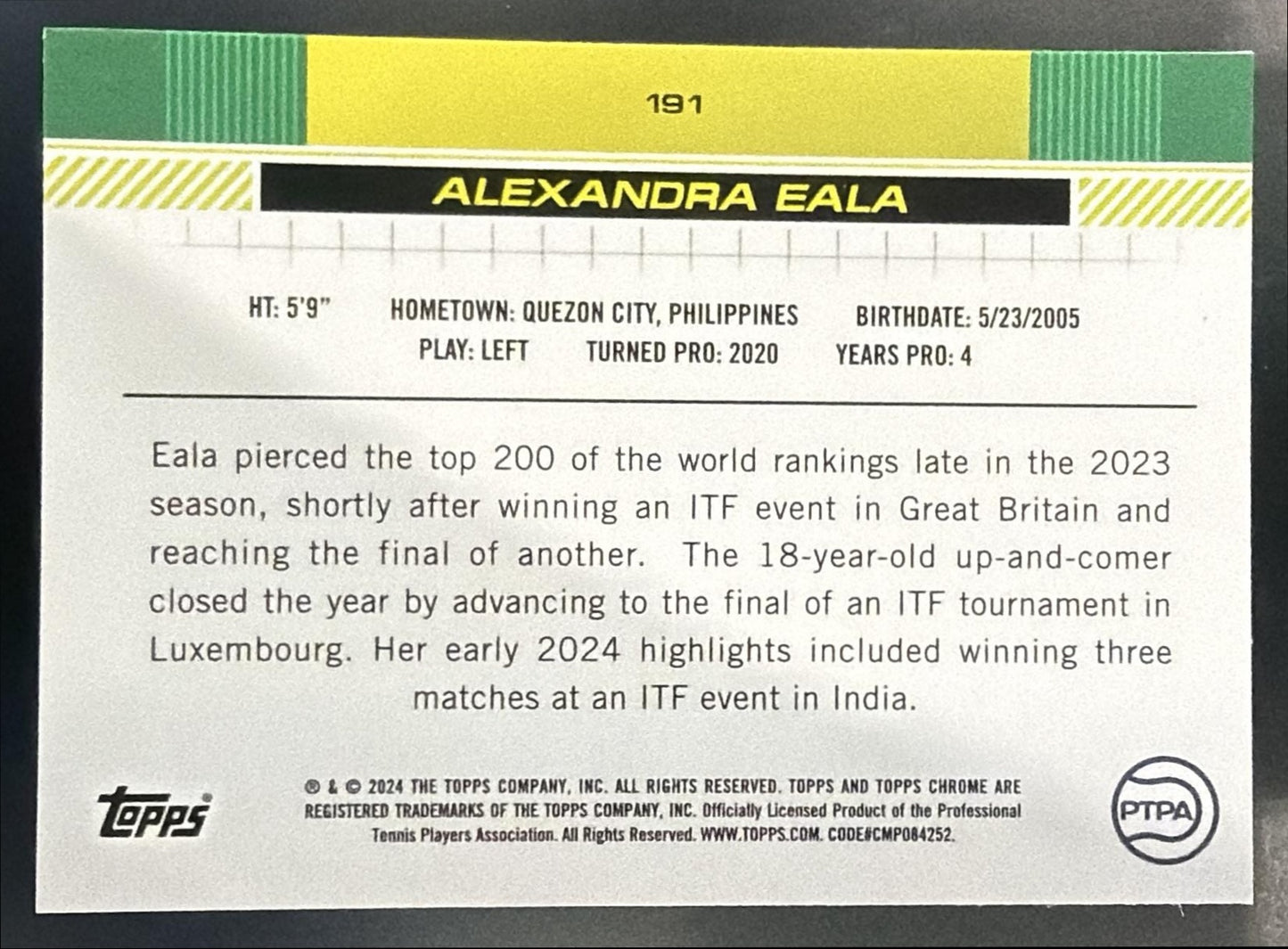 2024 Topps Chrome Alexandra Eala #191 — back