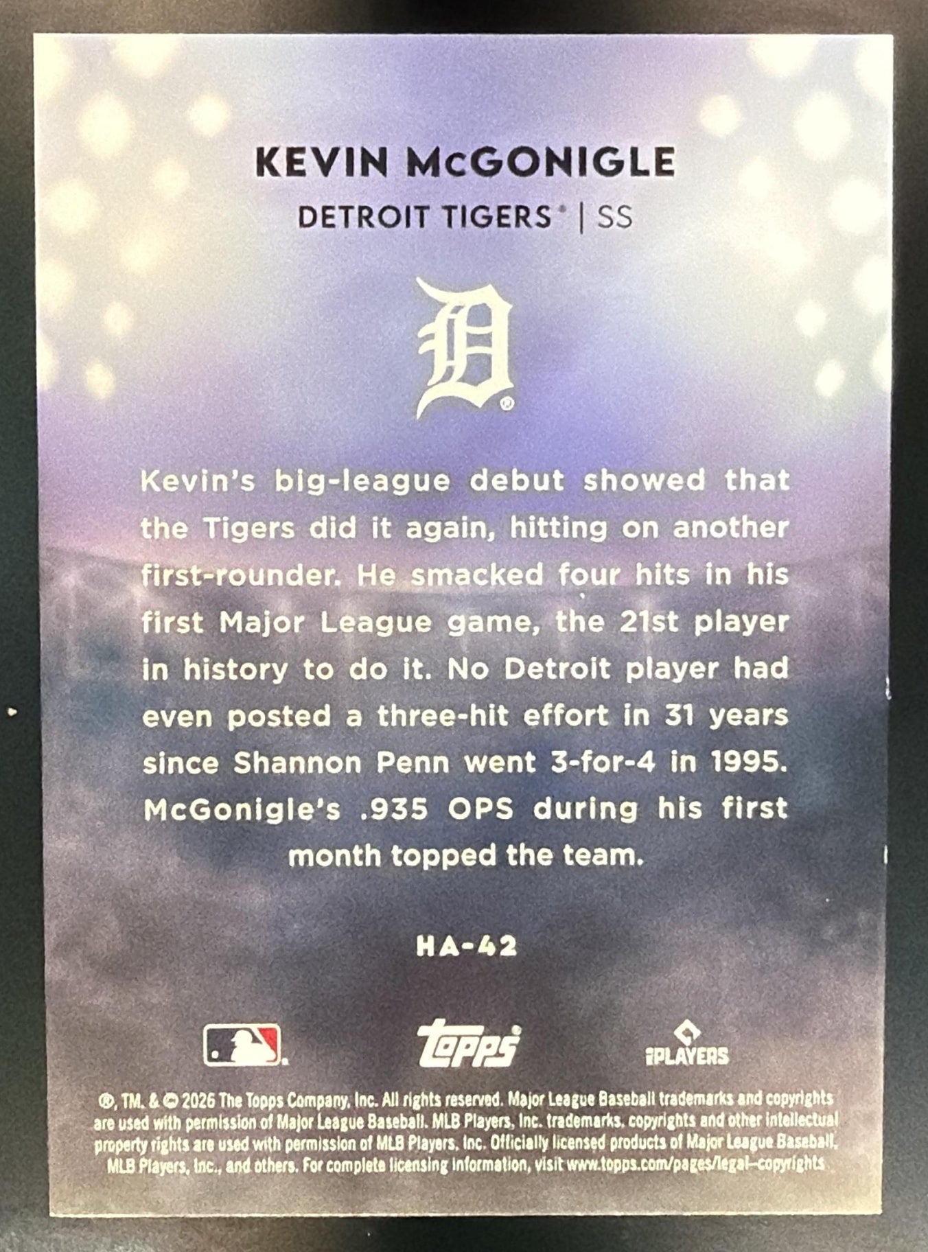 2026 Topps Update Kevin McGonigle #HA-42 Home Field RC SSP Tigers — back