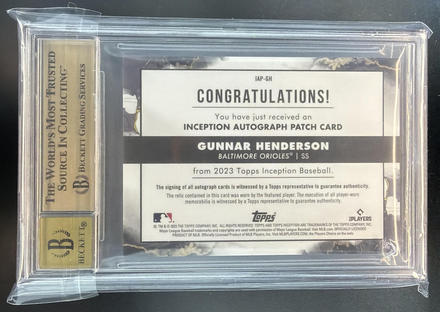 2023 Topps Inception Gunnar Henderson #IAP-GH Auto Patch /149 RC Orioles BGS 9.5 — back