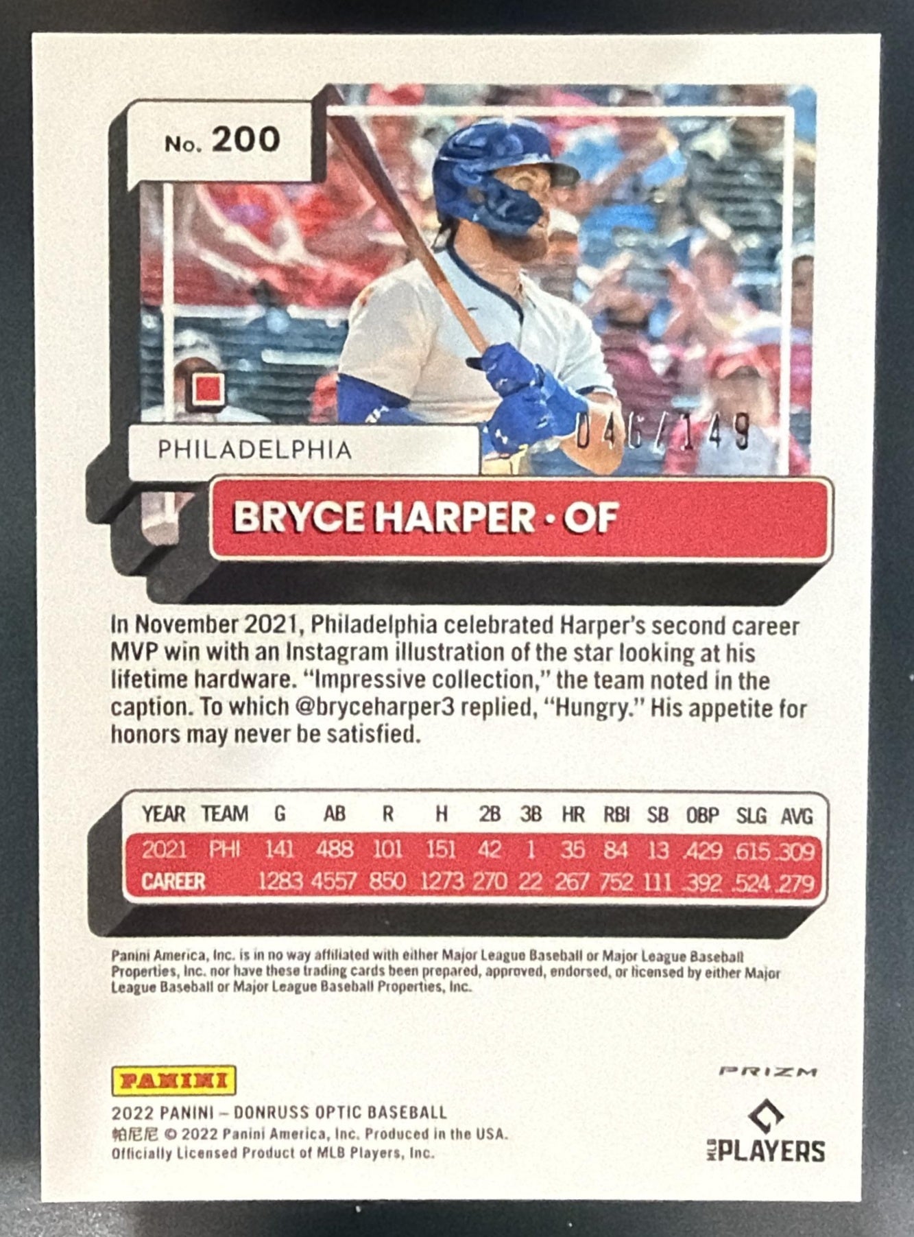 2022 Panini Donruss Optic Bryce Harper #200 Black Stars Prizm 46/149 Phillies — back