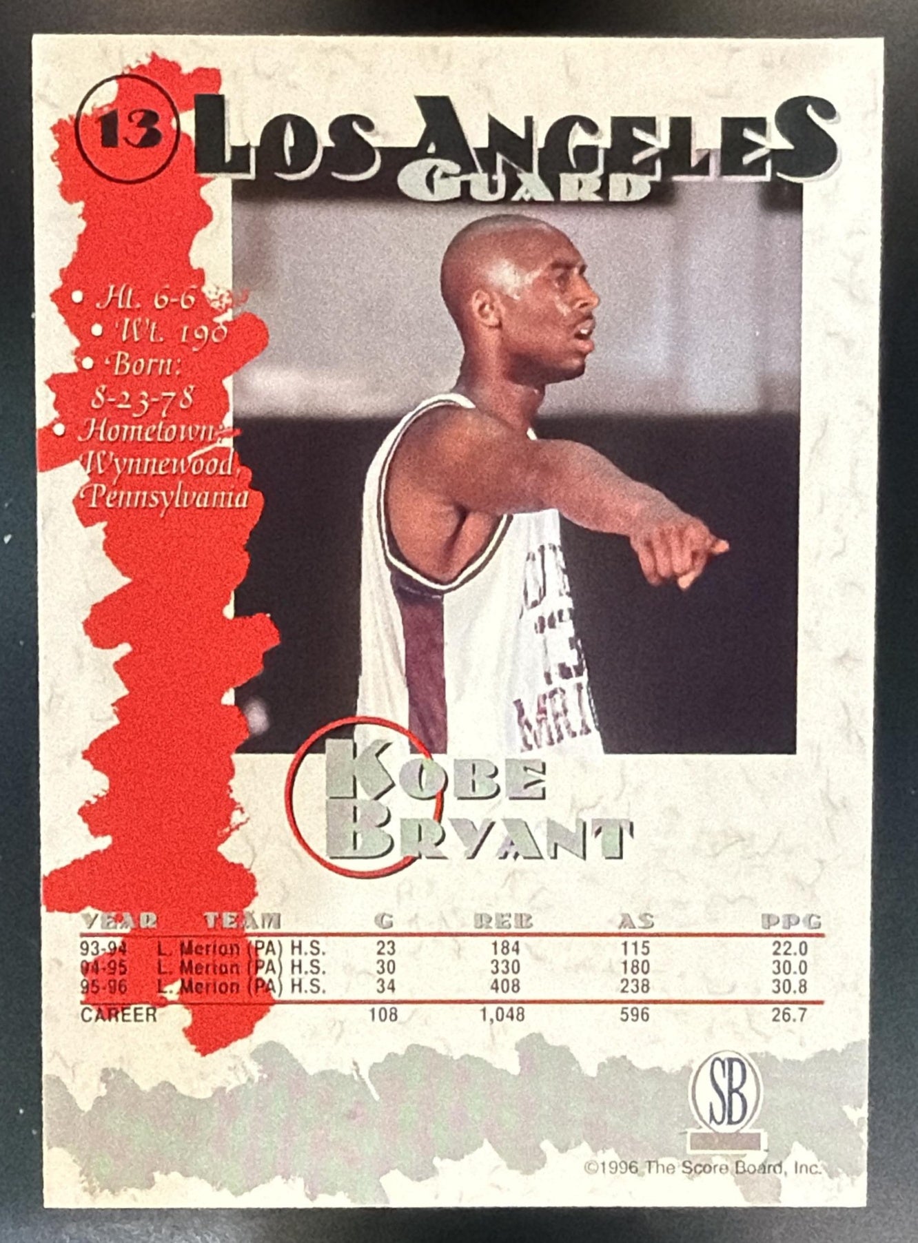 1996 Score Board Auto Collection Kobe Bryant #13 Lakers — back