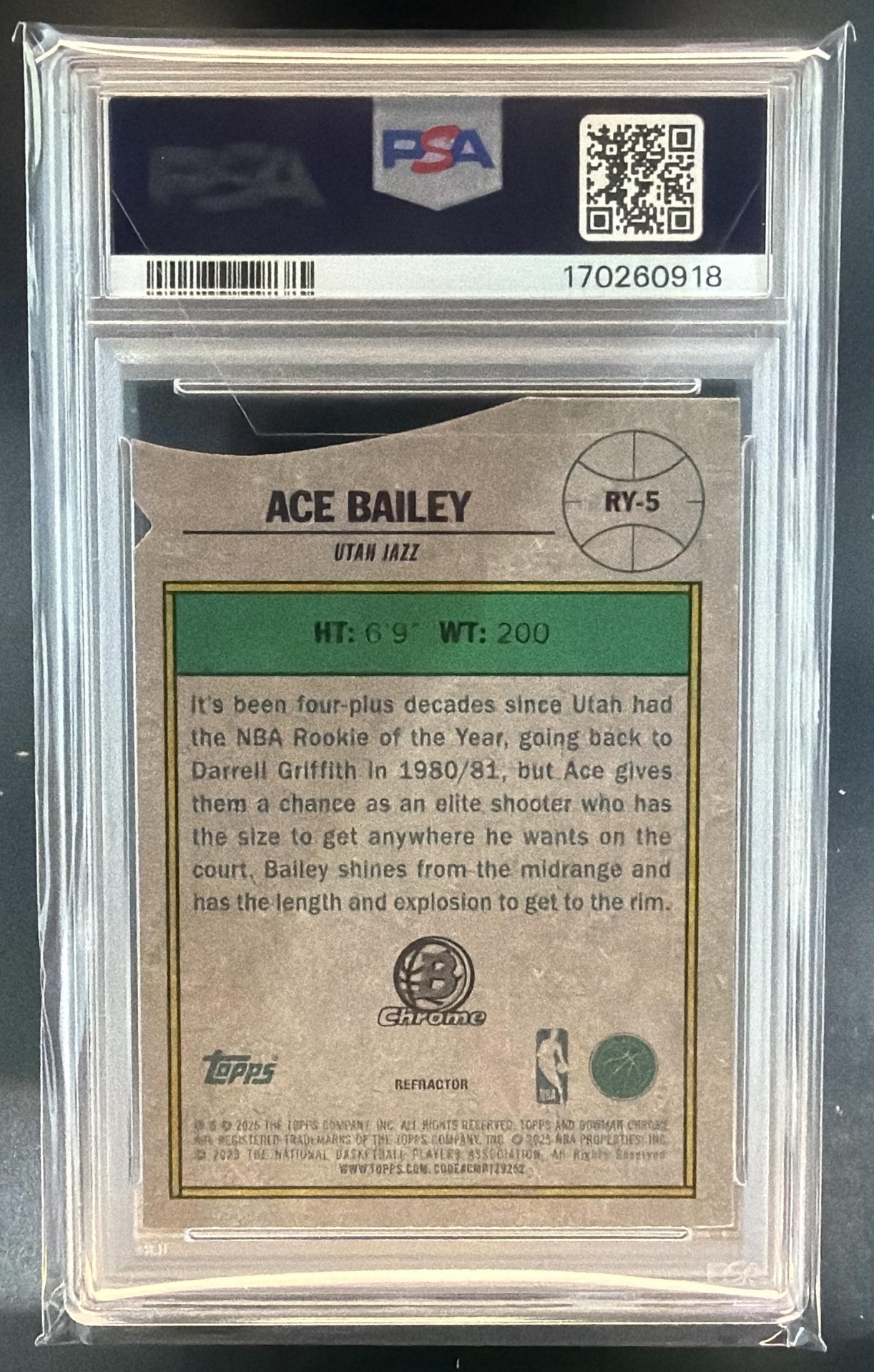 2025-26 Bowman Ace Bailey #RY-5 ROY Favorites Chrome Refractor RC Jazz PSA 8 — back
