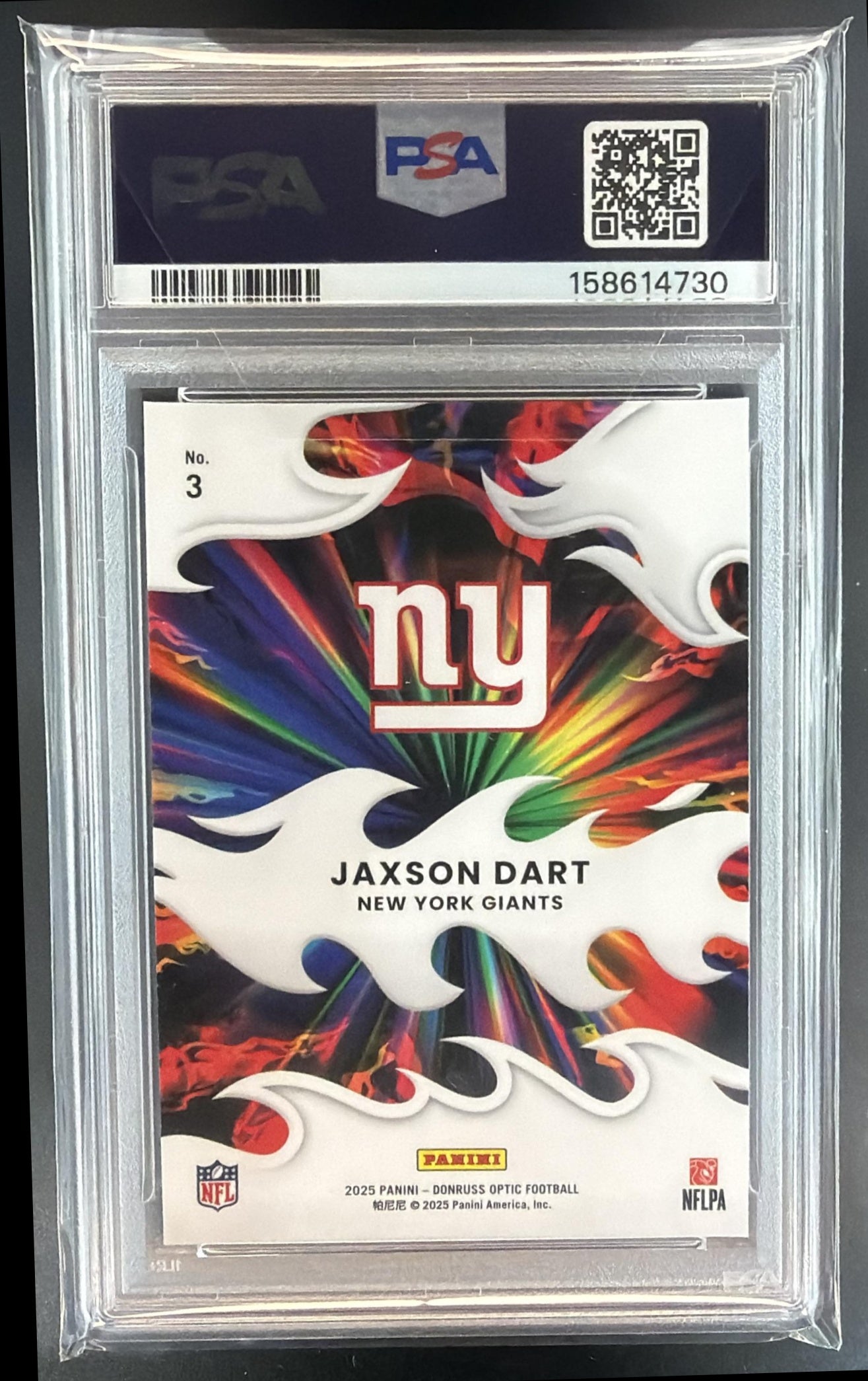 2025 Panini Donruss Optic Jaxson Dart #3 Light It Up RC Giants PSA 8 — back