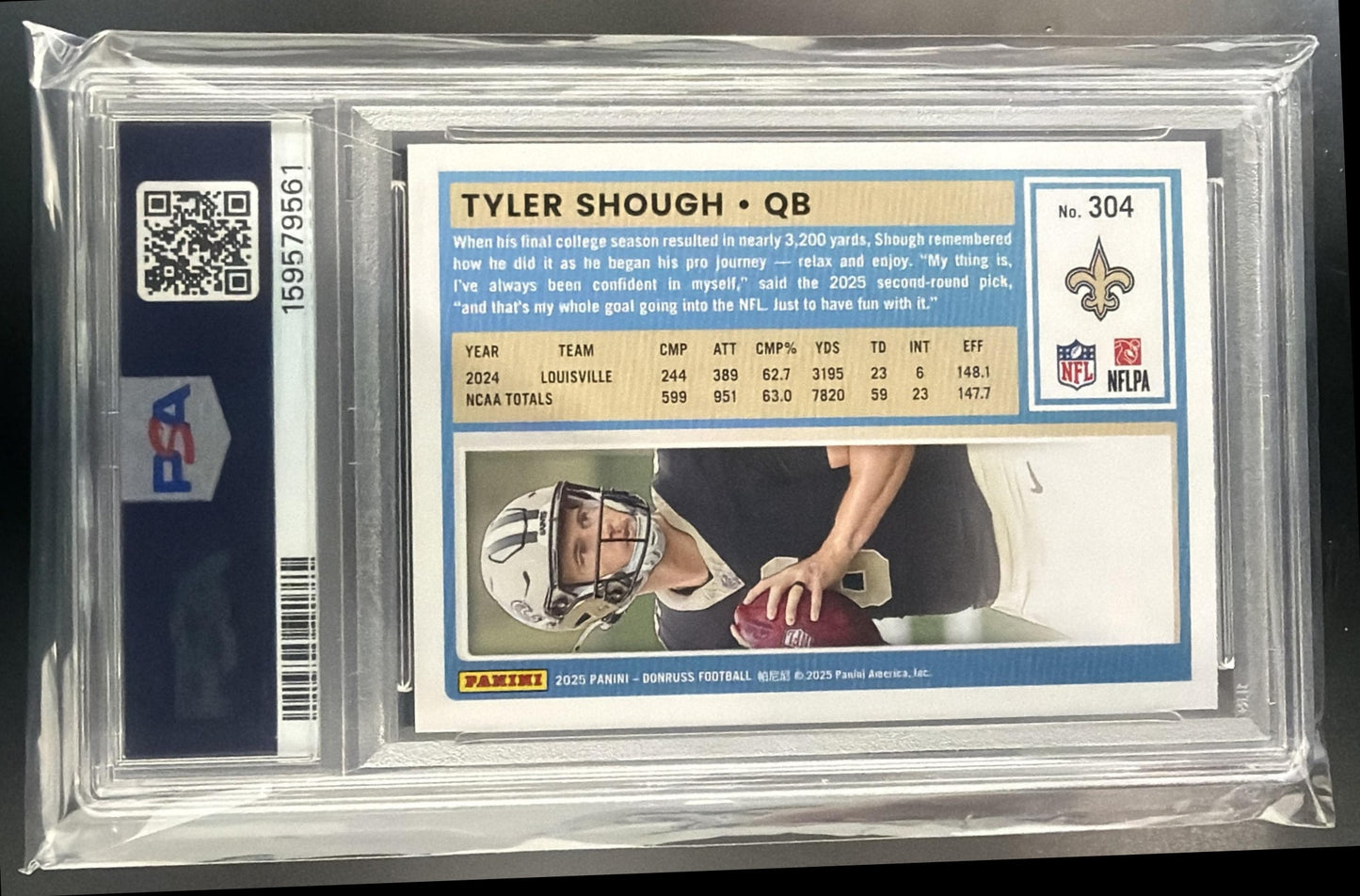 2025 Panini Donruss Tyler Shough #304 Rated Rookie RC Saints PSA 9 — back