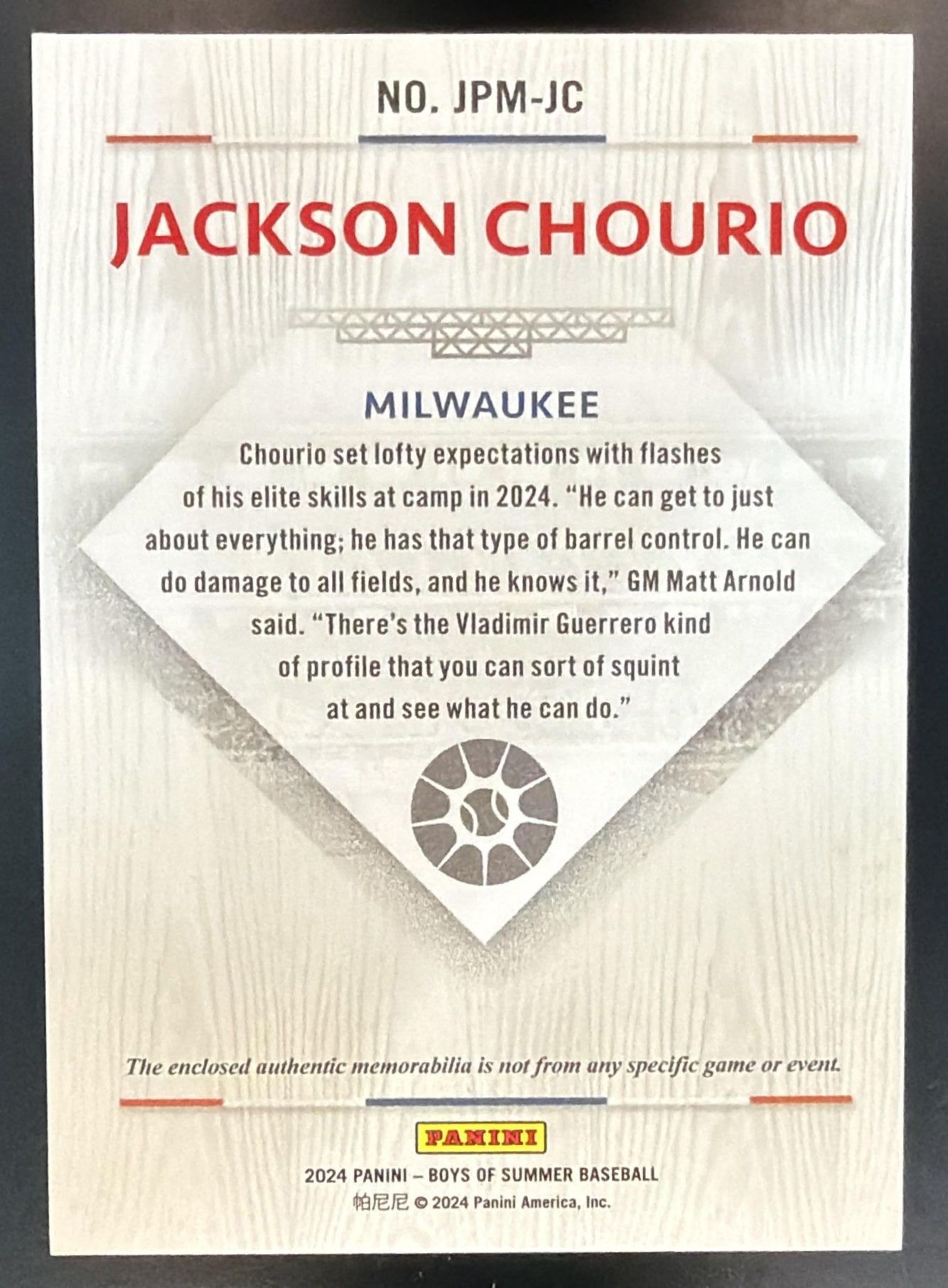 2024 Boys of Summer Jackson Chourio Jumbo Prospect Materials Holo Gold /10 MEM — back