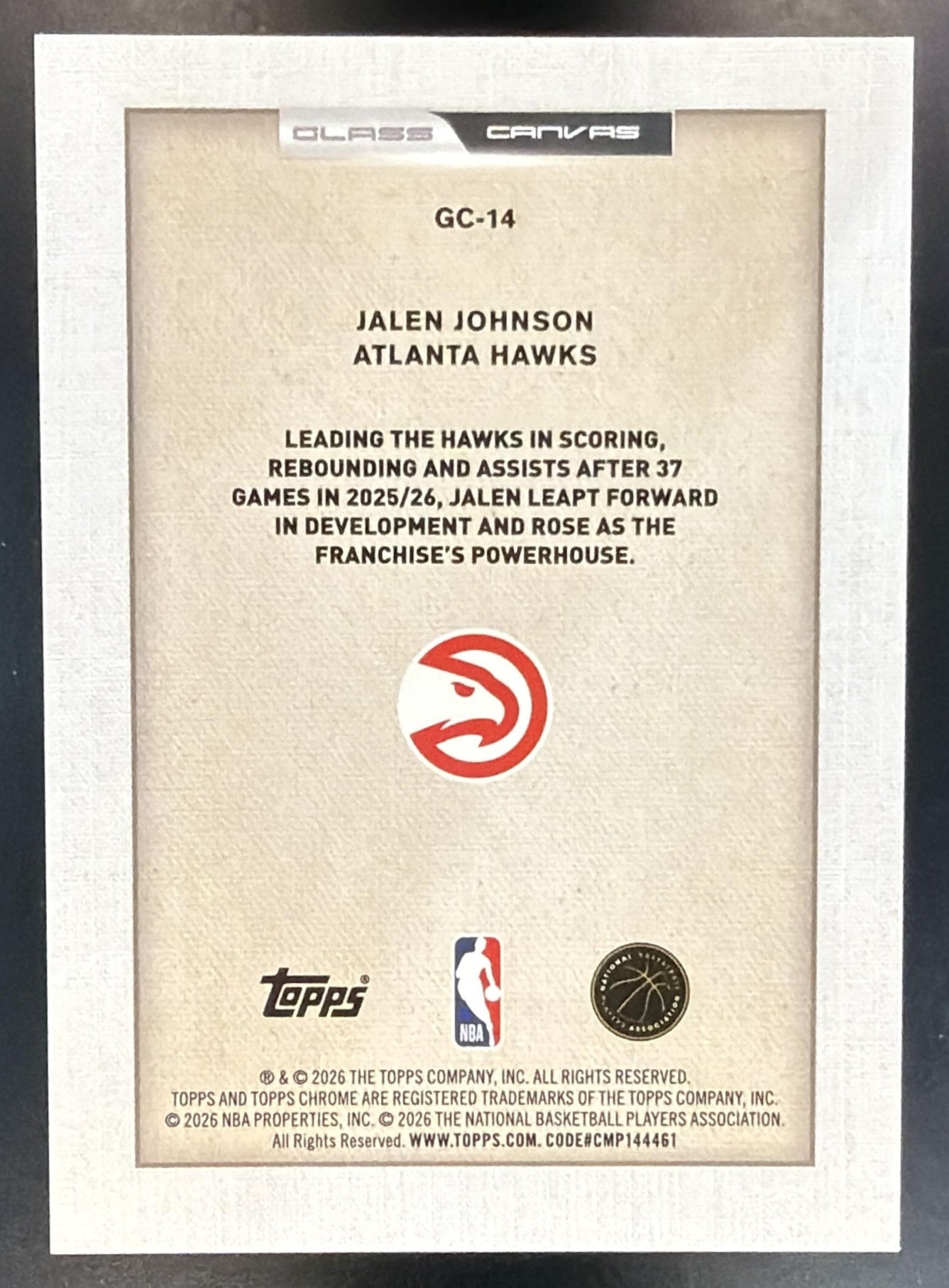 2025-26 Topps Chrome Update Jalen Johnson #GC-14 Glass Canvas SSP Hawks — back