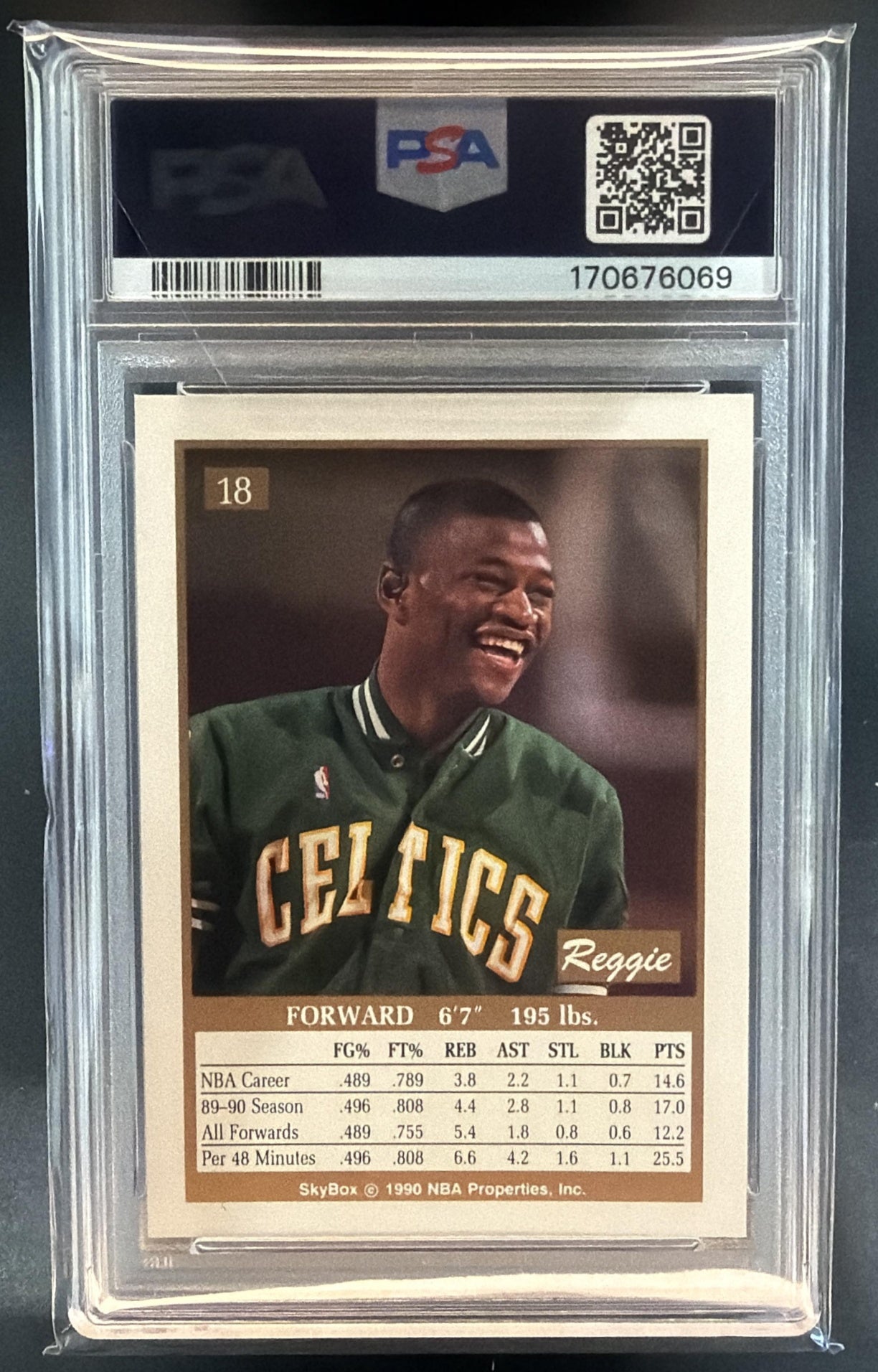 1990-91 Skybox Reggie Lewis #18 Celtics PSA 7 — back