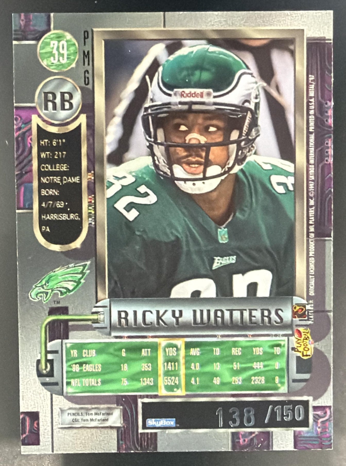 1997 Skybox Metal Universe Ricky Watters #39 Precious Gems 138/150 Eagles — back