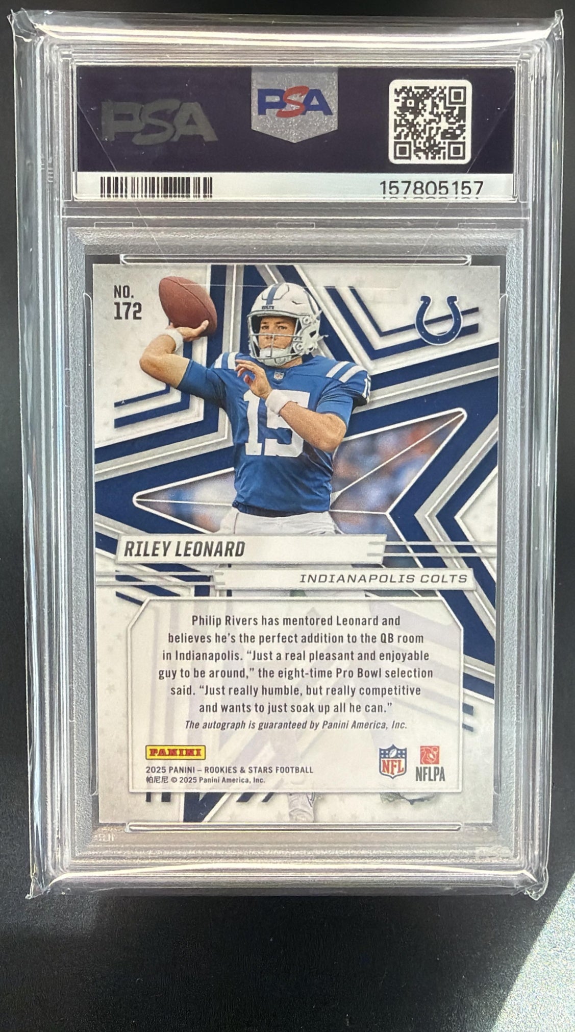2025 Panini Rookies & Stars Riley Leonard Signatures Orange /199 RC Auto PSA 9 — back