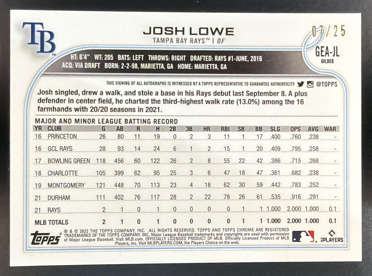 2022 Topps Gilded Collection Josh Lowe #GEA-JL Chrome Gold Etch Auto Rose /25 RC — back