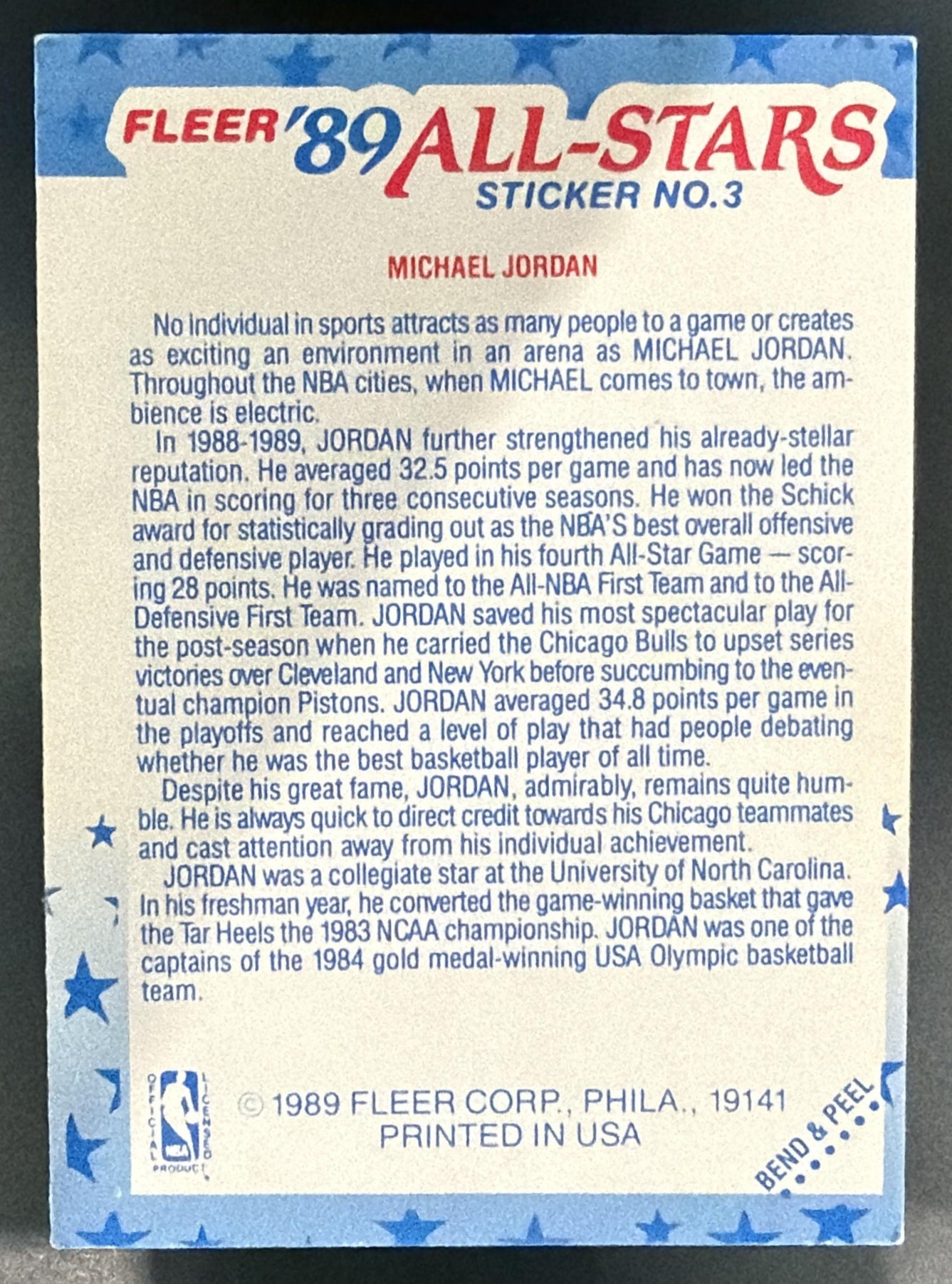 1989-90 Fleer Michael Jordan #3 Stickers Bulls — back