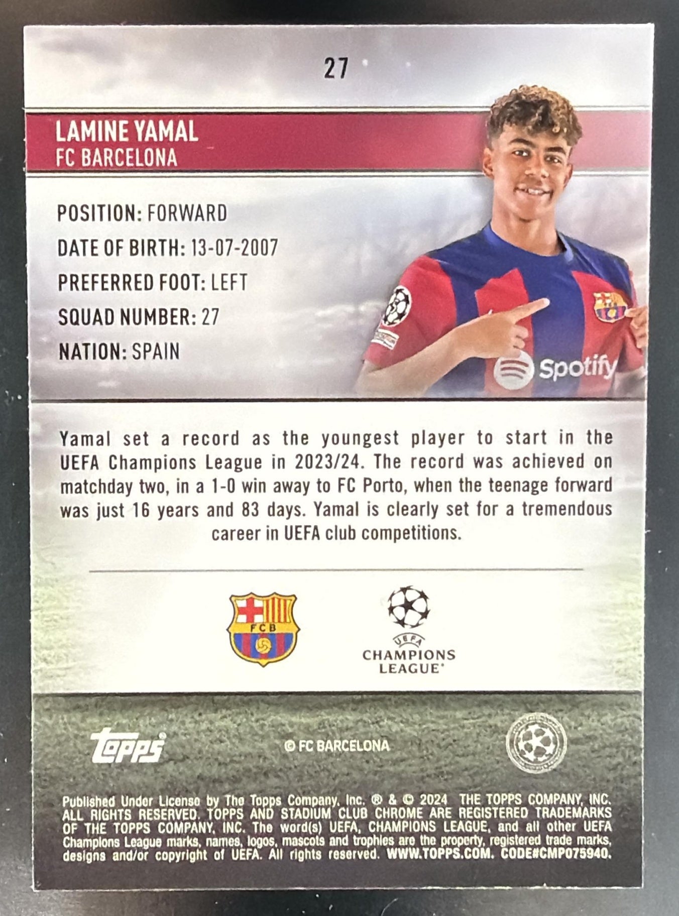 2023-24 Topps Stadium Club Chrome UEFA Lamine Yamal #27 RC Barcelona — back
