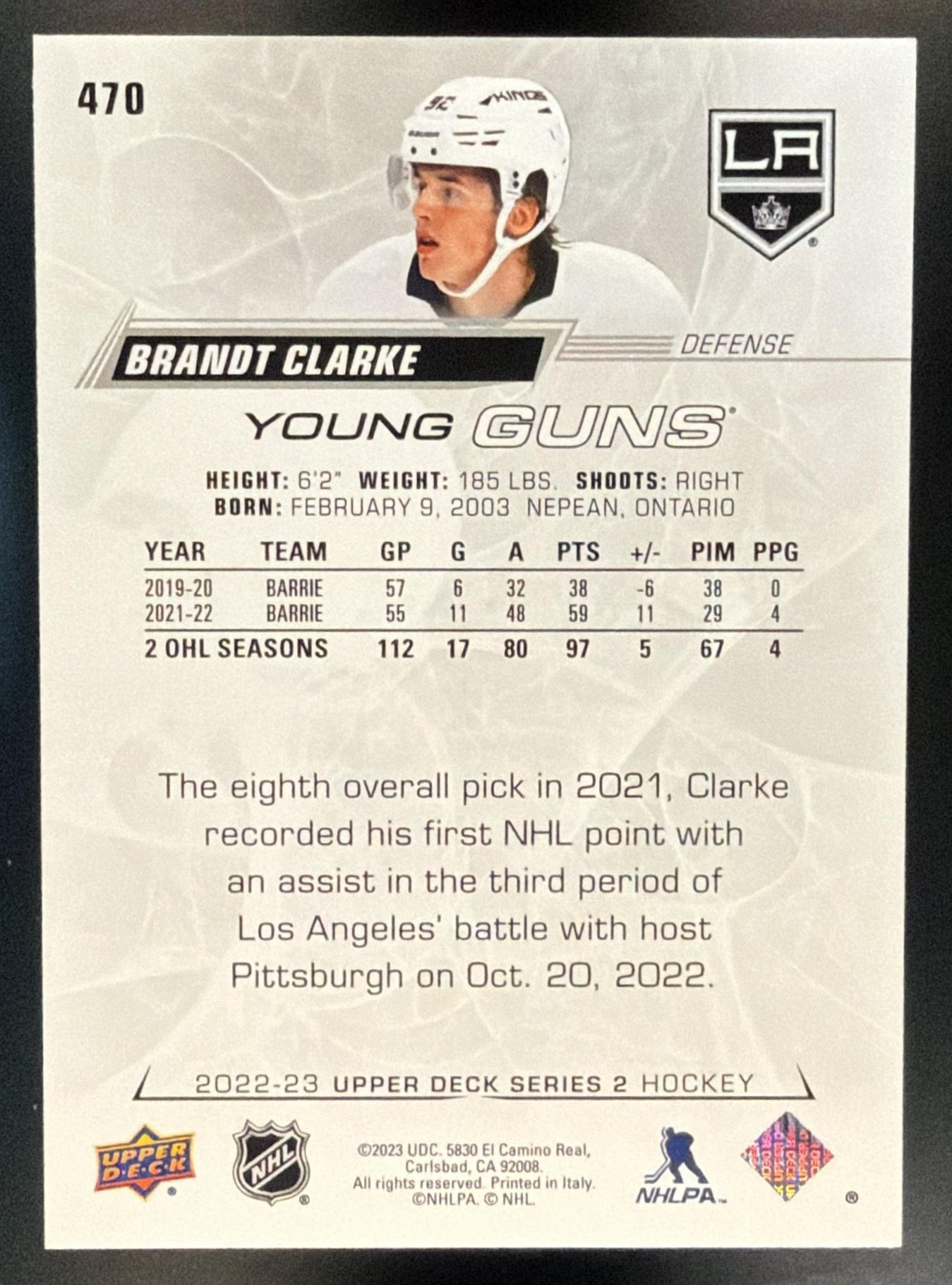 2022-23 Upper Deck Brandt Clarke #470 Young Guns RC Kings — back