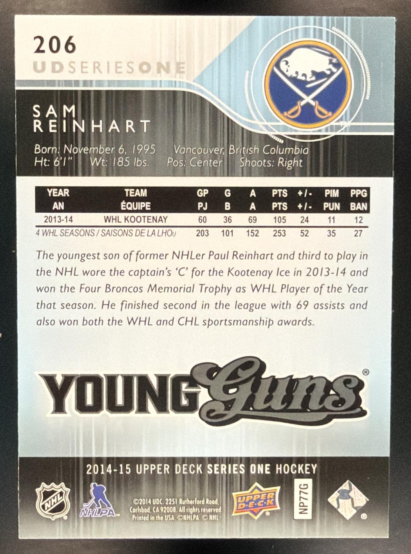 2014-15 Upper Deck Sam Reinhart #206 Young Guns RC Sabres! — back
