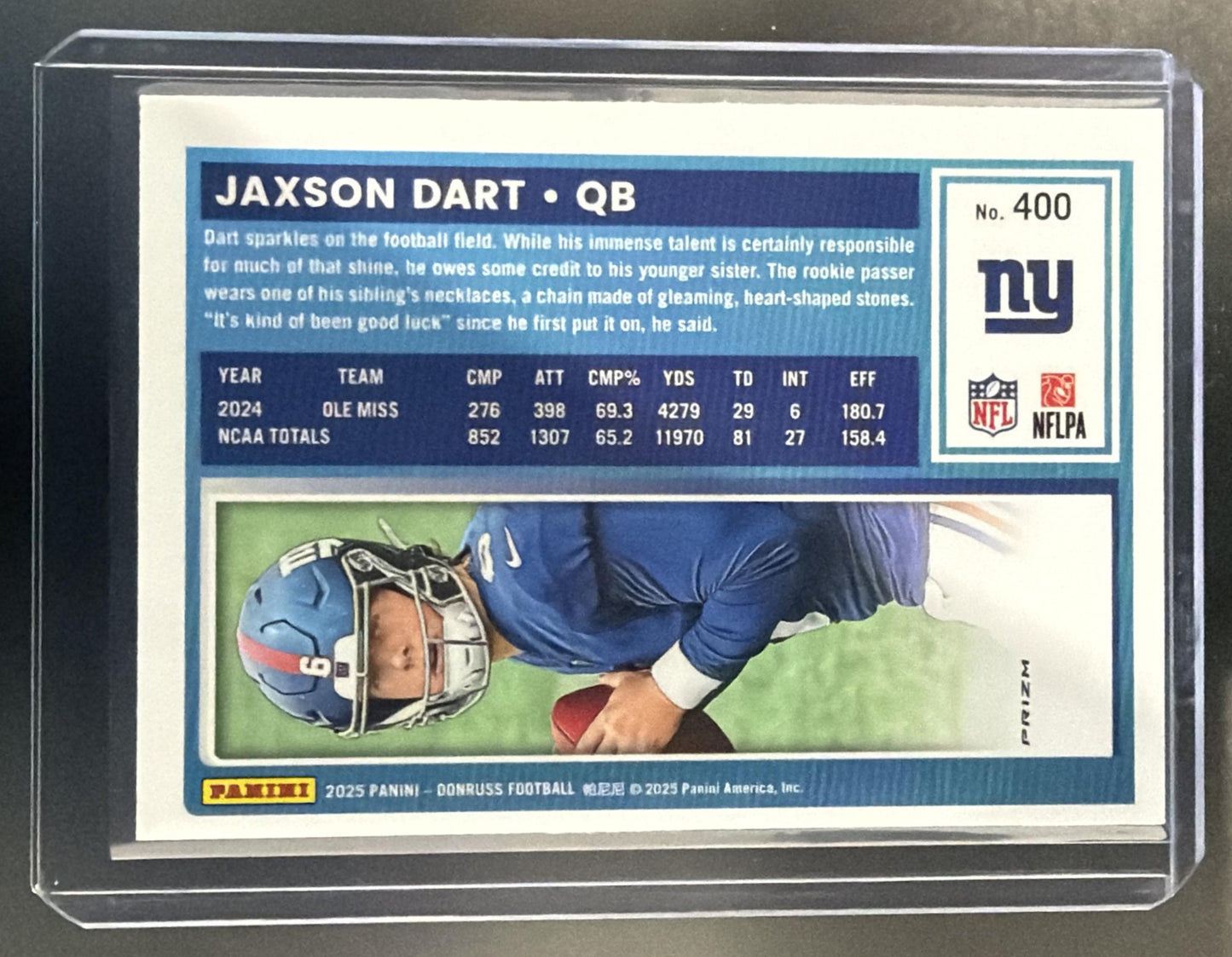 2025 Panini Donruss Jaxson Dart #400 Optic Rated Rookie Preview Pink RC Giants — back