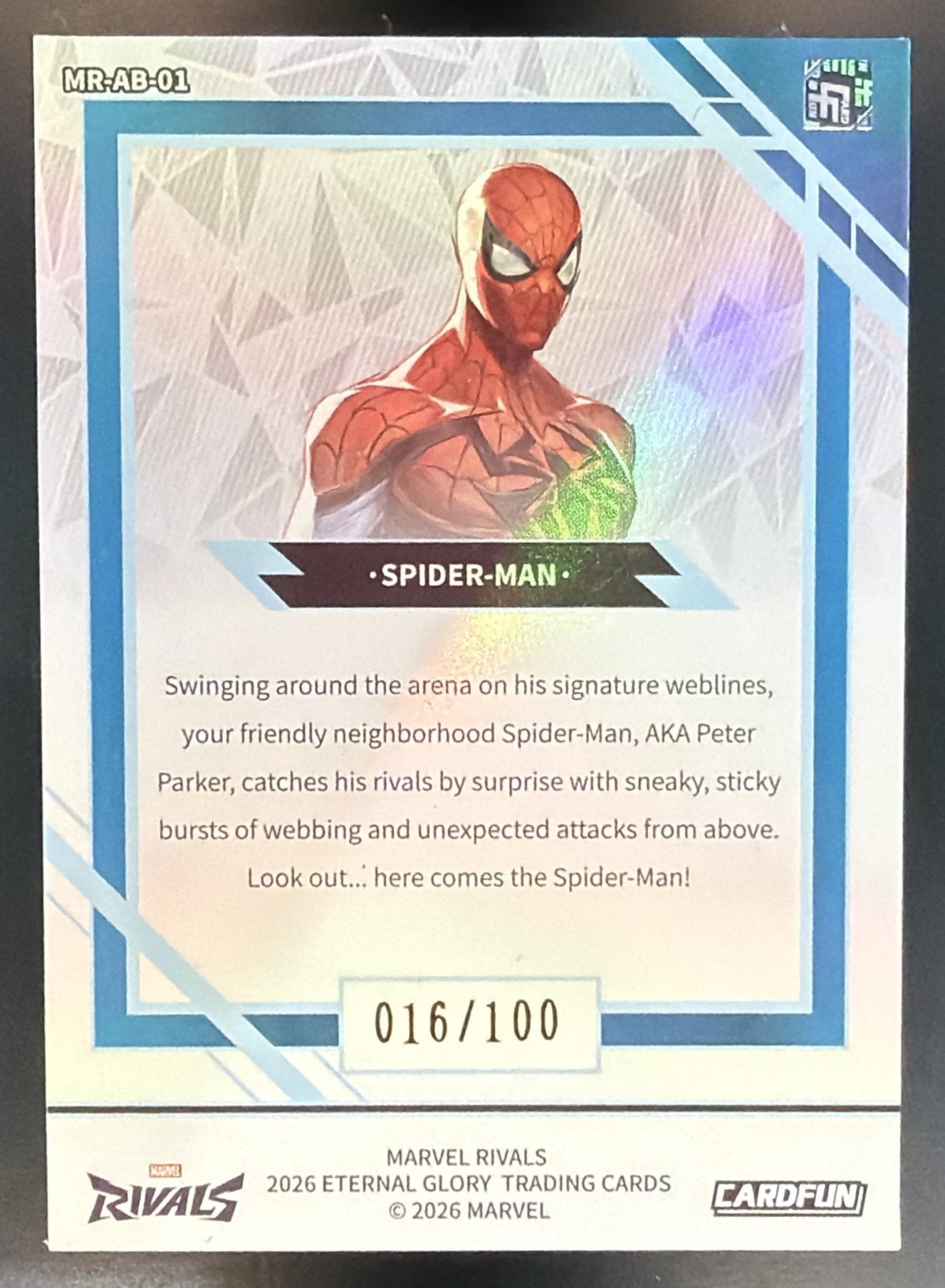 2026 Card.Fun Marvel Rivals Eternal Glory Spider-Man Refraction Blue /100 — back