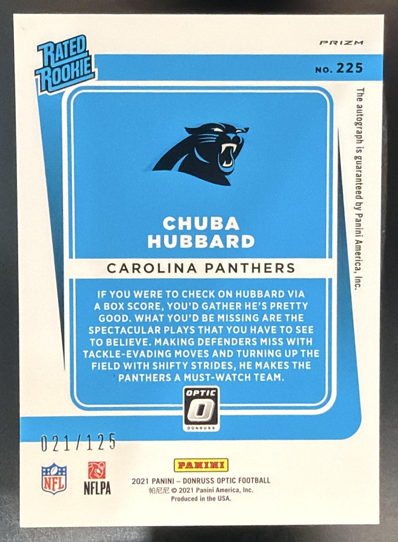 2021 Panini Donruss Optic Chuba Hubbard #225 Rated Rookie RPS Auto Holo /125 RC — back