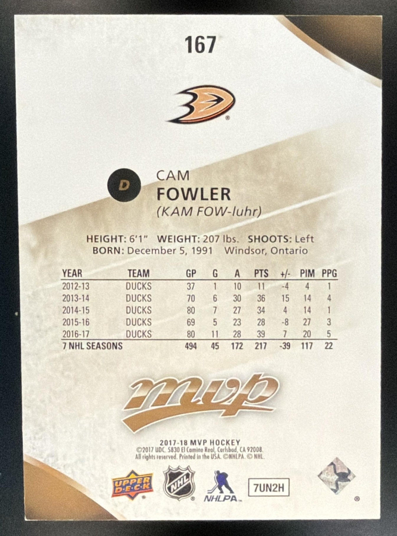 2017-18 Upper Deck MVP Cam Fowler #167 Gold Script 10/100 Ducks — back