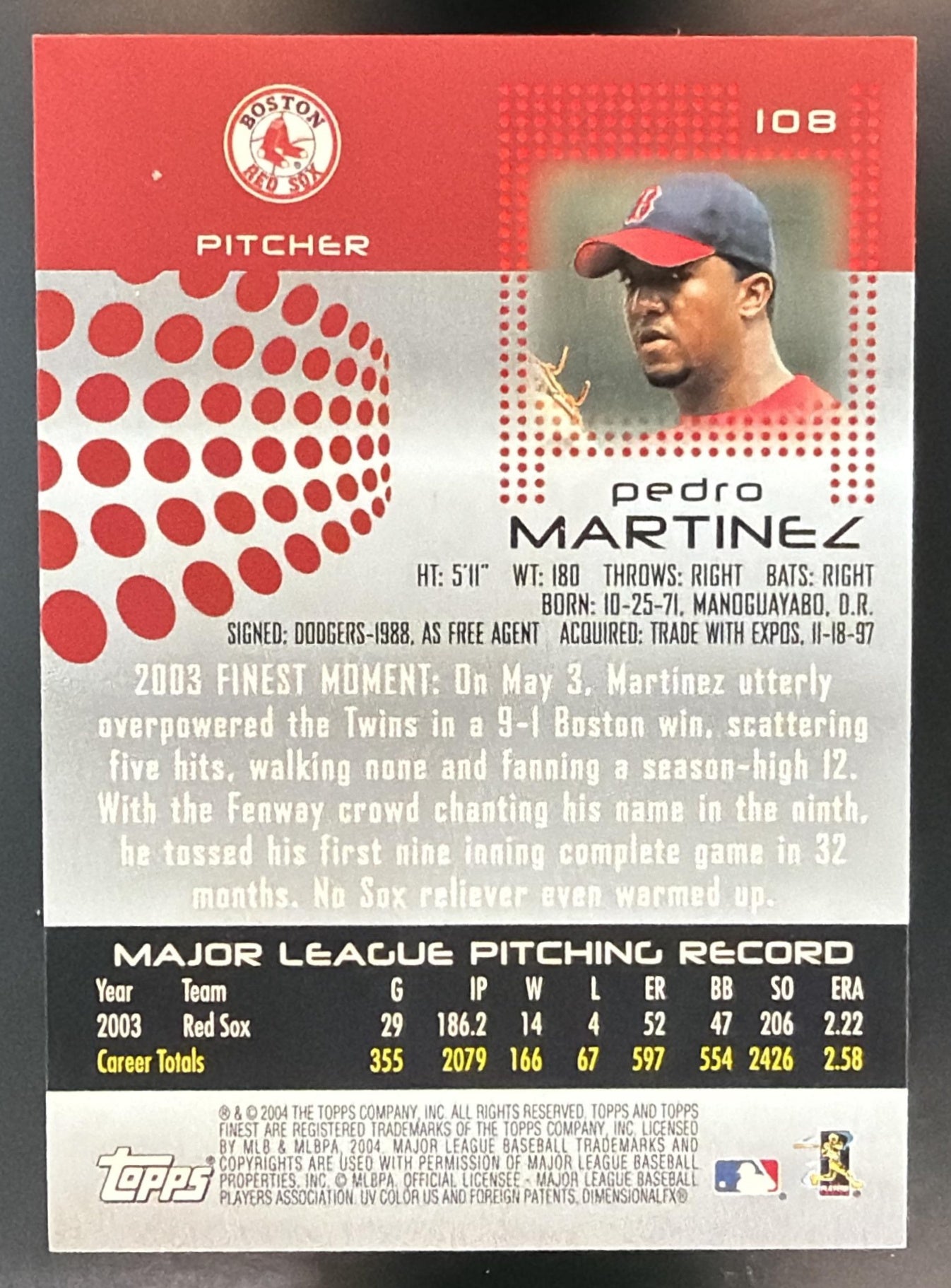 2004 Topps Finest Pedro Martinez #108 Red Sox Game Worn Jersey MEM — back
