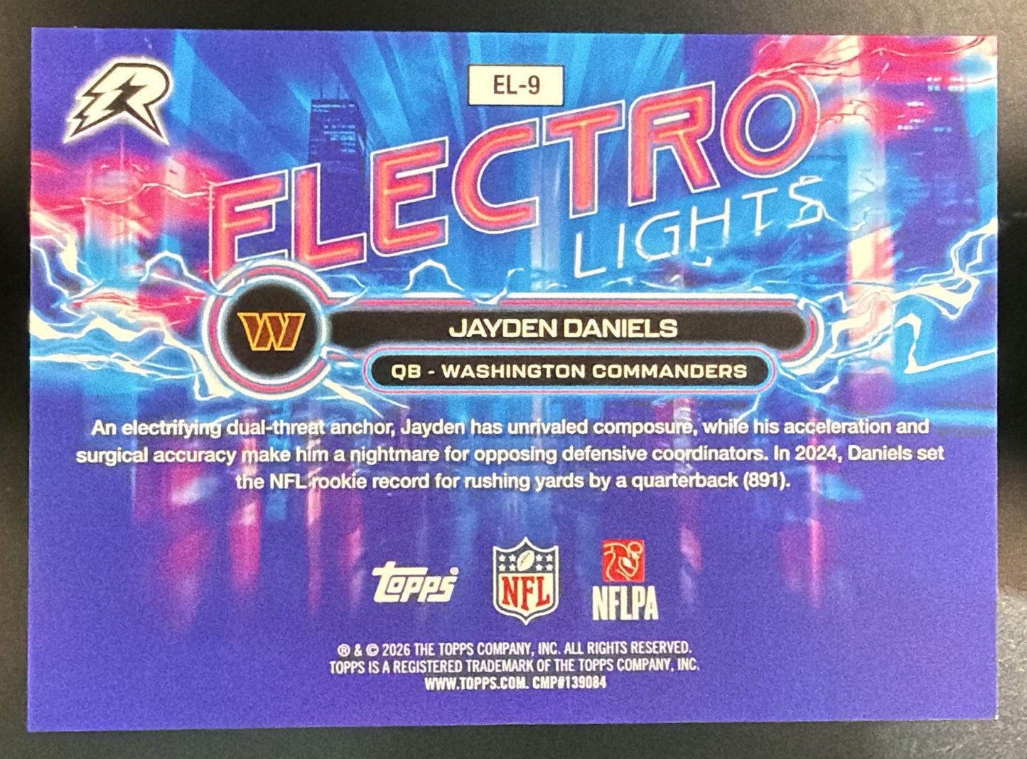 2025 Topps Resurgence Jayden Daniels #EL-9 Electro Lights Commanders — back