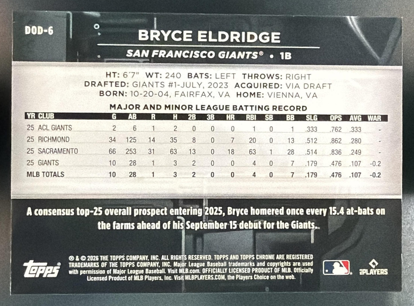 2026 Topps Chrome Black Bryce Eldridge Rookie #DOD-6 Depth of Darkness Giants — back