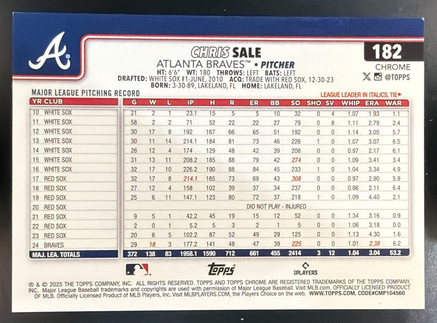 2025 Topps Chrome Sapphire Chris Sale #182 Image Variation Black Refractor /10 — back