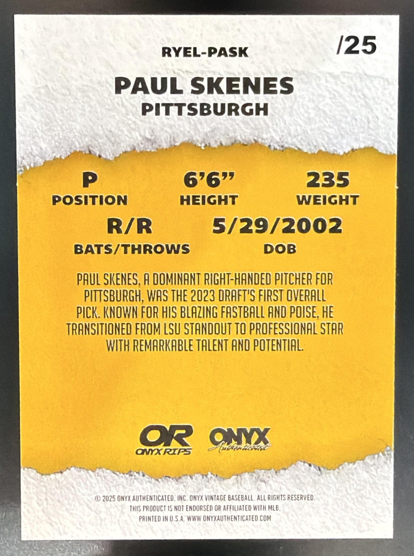 2025 Onyx Rips Paul Skenes /25 — back